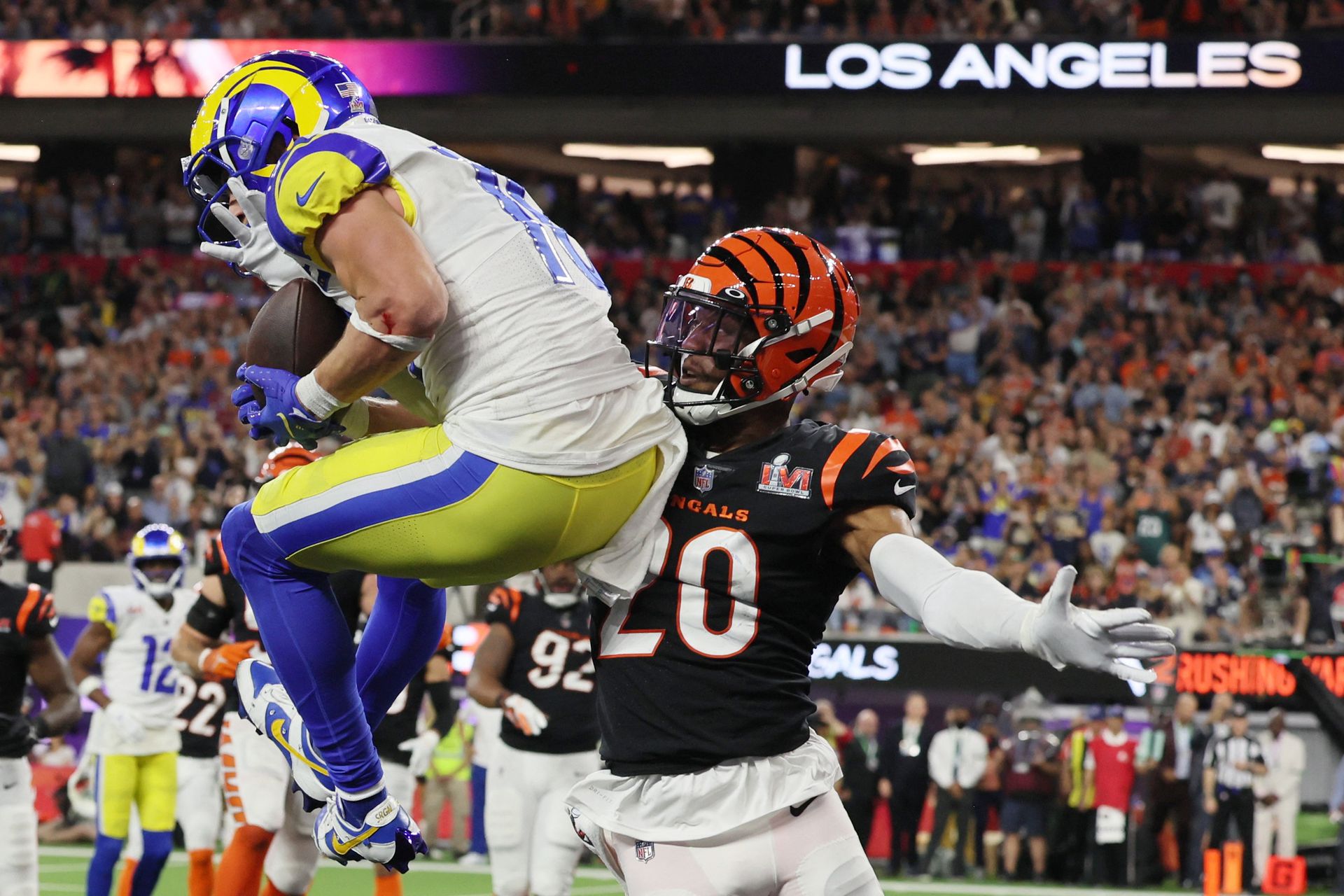 Los Angeles Rams' Cooper Kupp scores a touchdown at SoFi Stadium, Inglewood, California on Feb. 13, 2022.