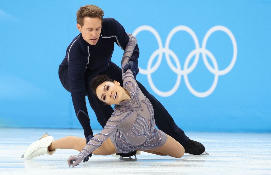 Madison Chock  and Evan Bates of the United States in action at the Capital Indoor Stadium, Beijing, China on Feb. 7, 2022.