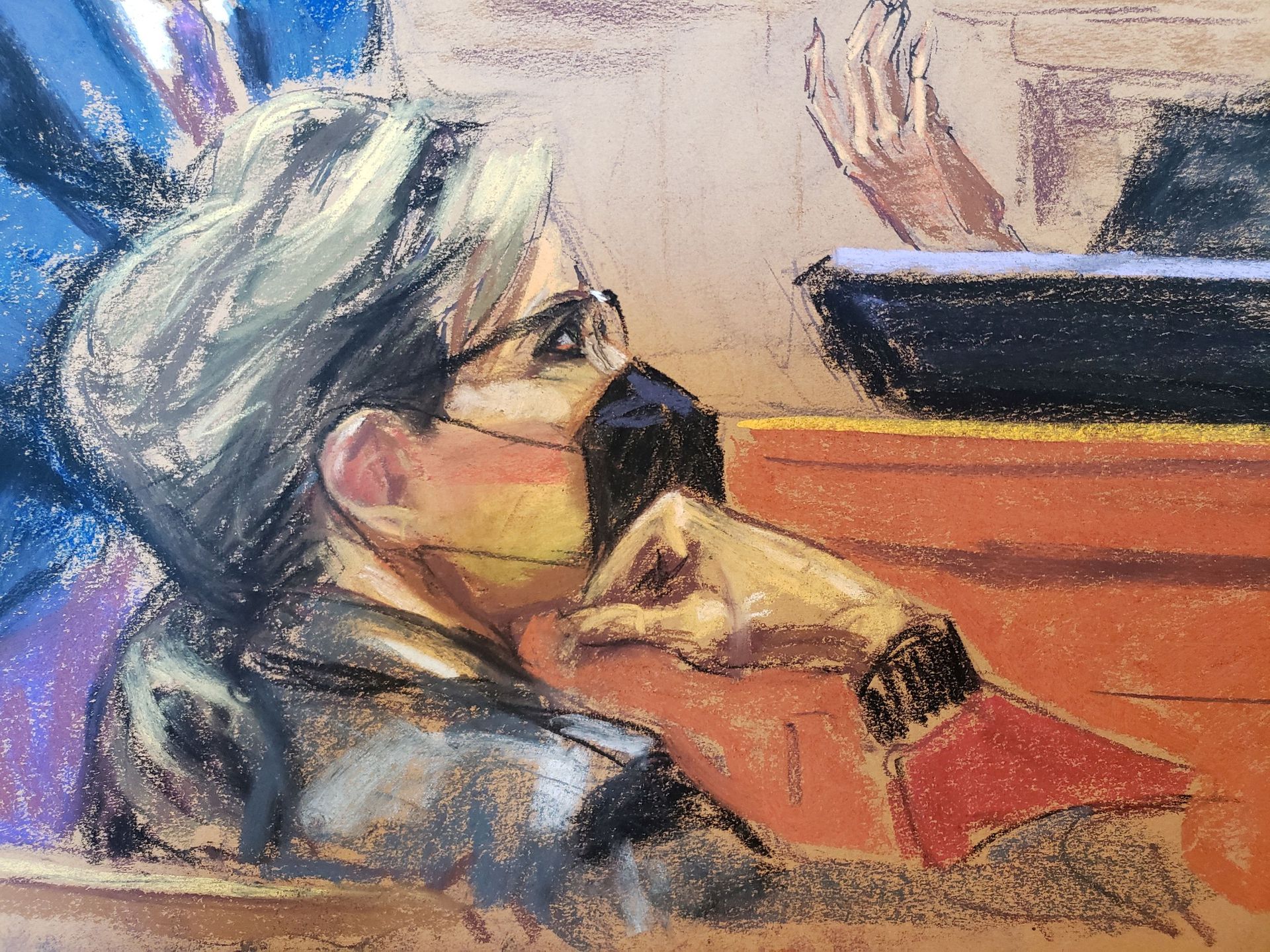 In this courtroom sketch. Sarah Palin, 2008 Republican vice presidential candidate and former Alaska governor, watches as Linda Cohn is questioned by defense attorney Ken Turkel during Palin's defamation lawsuit trial against the New York Times, at the United States Courthouse in the Manhattan borough of New York City Feb. 8, 2022.
