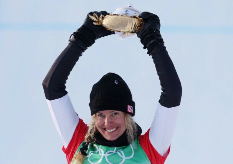 Gold medalist Lindsey Jacobellis of the United States celebrates during the flower ceremony at Genting Snow Park, Zhangjiakou, China, Feb. 9, 2022. 