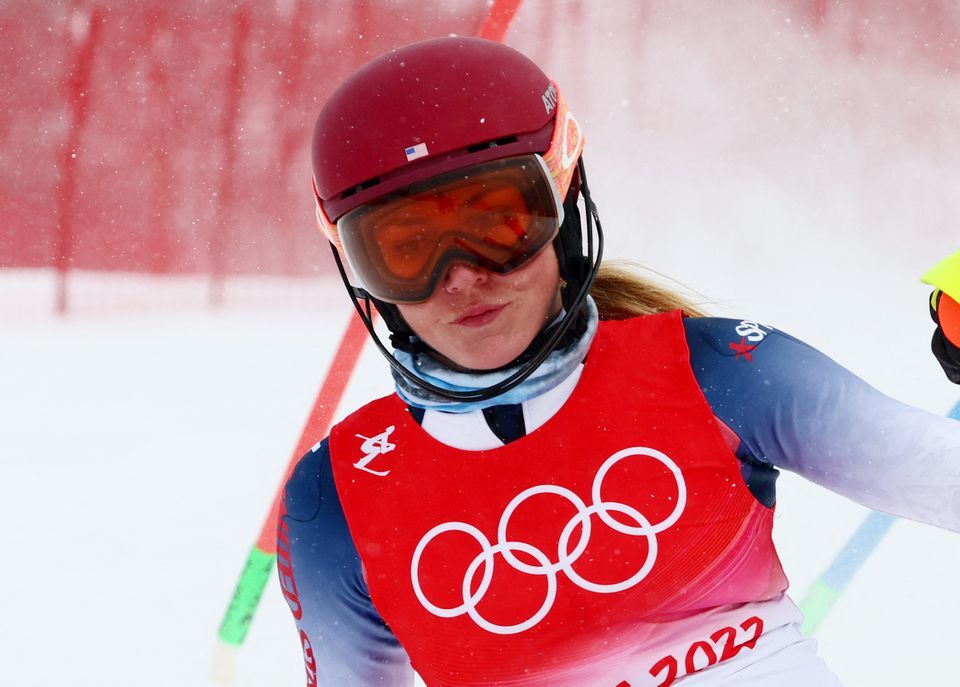 Mikaela Shiffrin of the United States reacts after falling during her run at the National Alpine Skiing Center, Yanqing district, Beijing, China on Feb. 17, 2022.