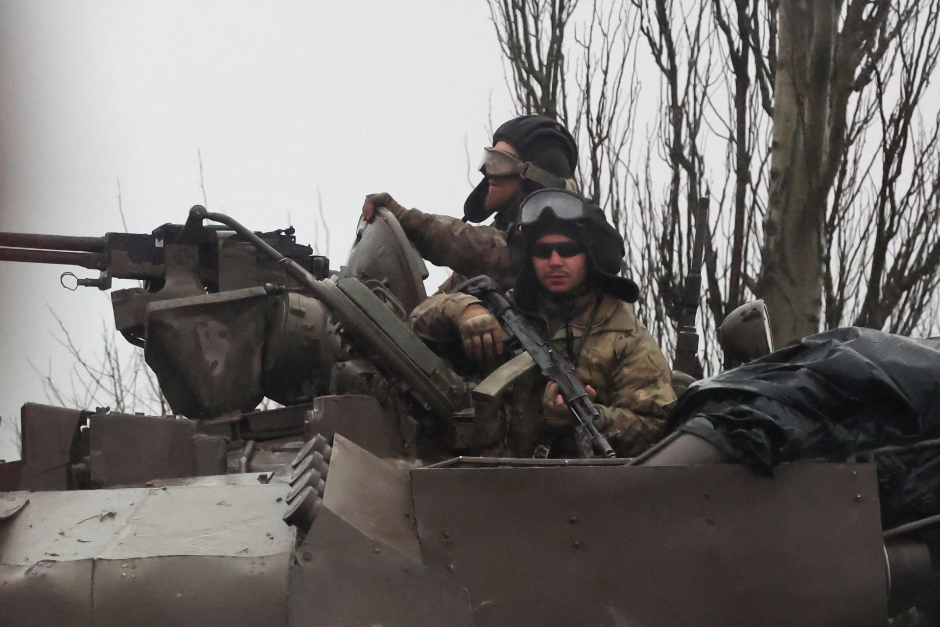 Tanks move into the city, after Russian President Vladimir Putin authorized a military operation in eastern Ukraine, in Mariupol, Feb. 24, 2022.
