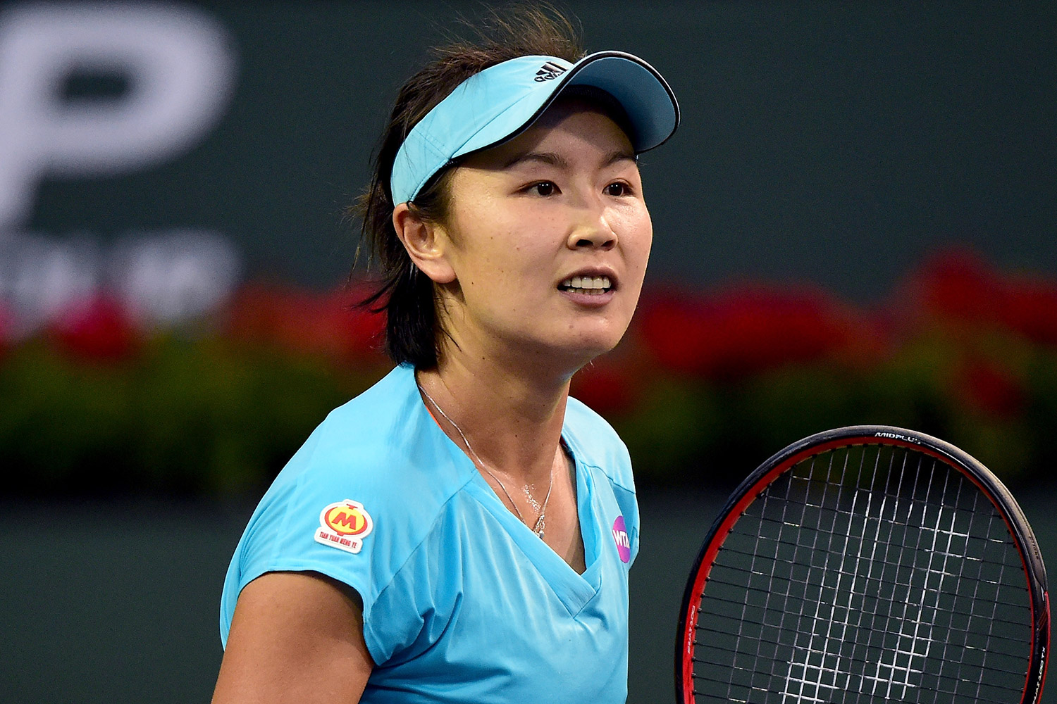 Peng Shuai of China reacts to a point in her win over Agnieska Radwanska of Poland during the BNP Paribas Open at Indian Wells Tennis Garden on March 13, 2017 in Indian Wells, California. 