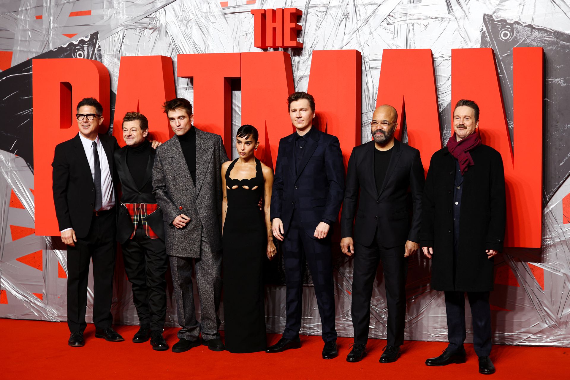 Producer Dylan Clark, cast members Andy Serkis, Robert Pattinson, Zoe Kravitz, Paul Dano and Jeffrey Wright, and director Matt Reeves arrive at the London launch of “The Batman,” in London, Britain, Feb. 23, 2022.