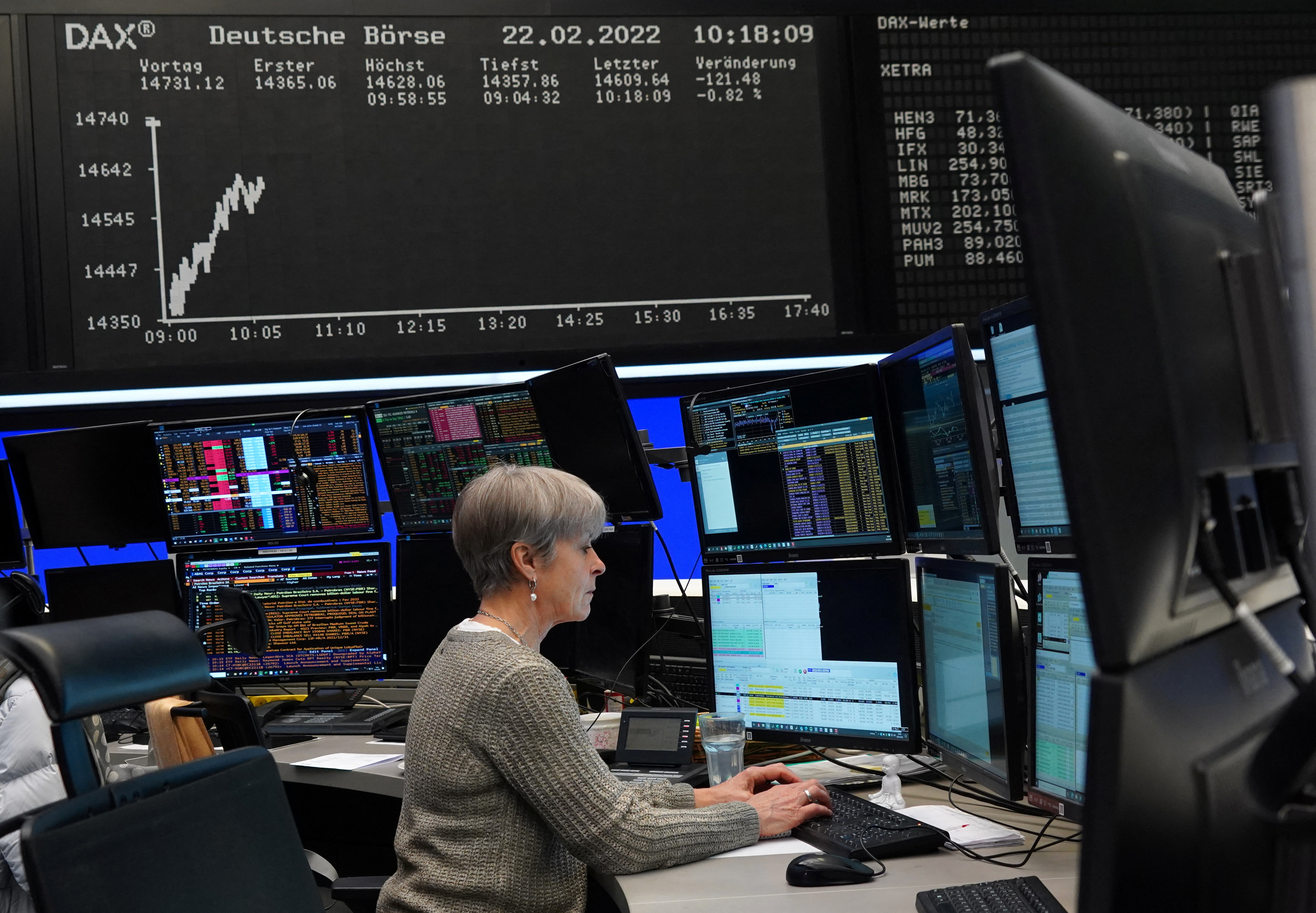 A trader works at the Frankfurt stock exchange in Frankfurt, Germany, Feb. 22, 2022.