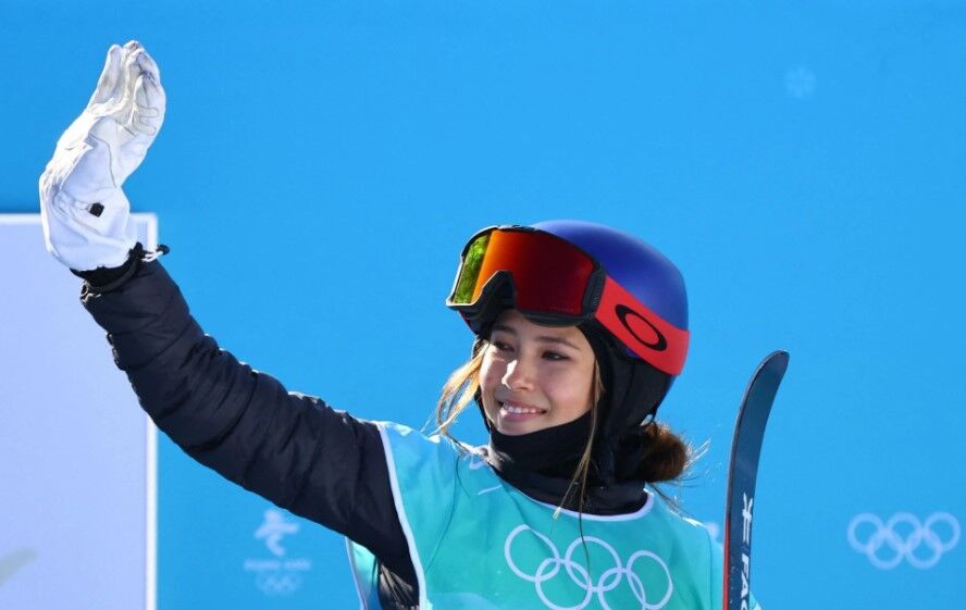 Eileen Gu of China reacts after her run at Big Air Shougang, Beijing, China, Feb. 8, 2022.