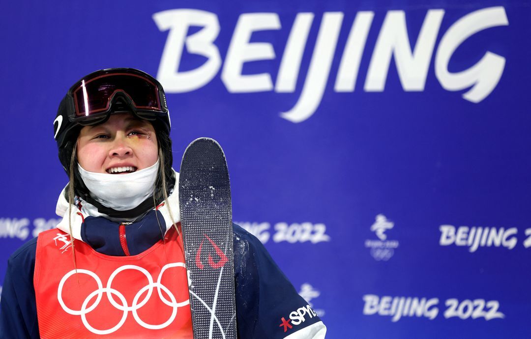 Kai Owens of the United States reacts after her run at Genting Snow Park, Zhangjiakou, China on Feb. 6, 2022.