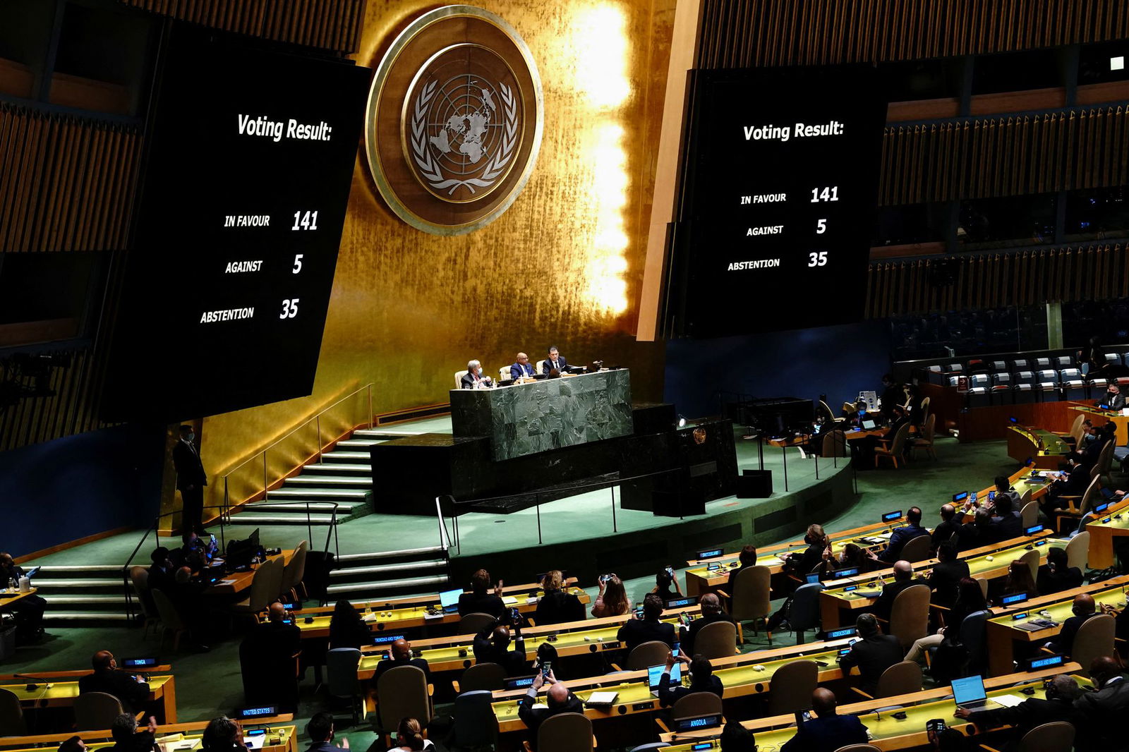 A general view shows the results of the voting during the 11th emergency special session of the 193-member U.N. General Assembly on Russia's invasion of Ukraine, at the United Nations Headquarters in Manhattan, New York City, March 2, 2022.