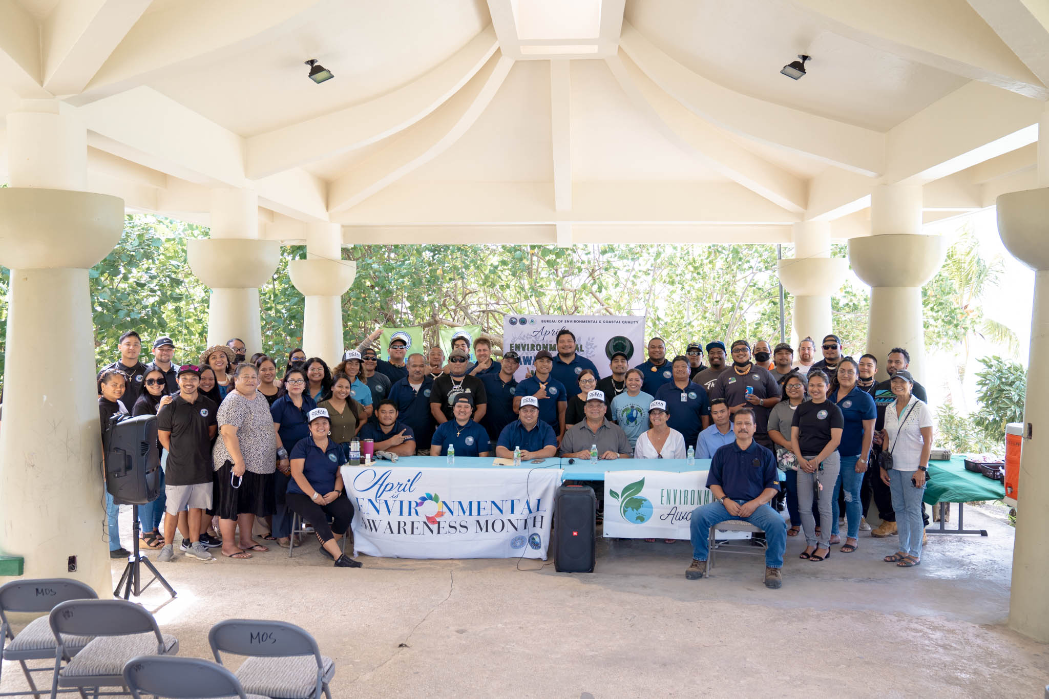Gov. Ralph DLG Torres, center seated, joins the Bureau of Environmental and Coastal Quality, the Micronesia Islands Nature Alliance, other environmental advocates and lawmakers for a proclamation ceremony on Wednesday afternoon at the Micro Beach pavilion in honor of Environmental Awareness Month.
