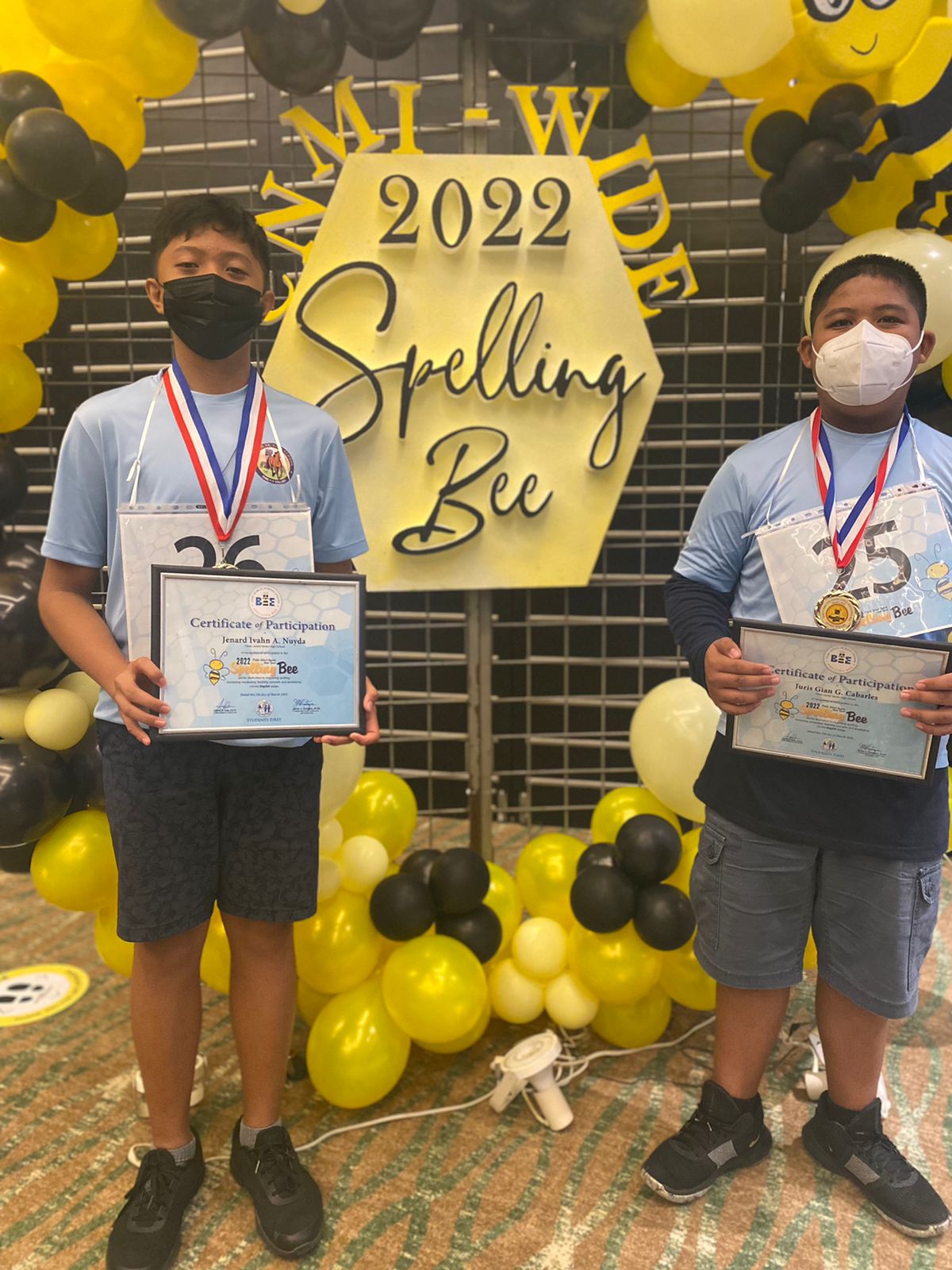 From left, Jenar Ivahn A. Nuyda, TJSHS school-level Spelling Bee runner up; and Jursi Gian G. Cabarles, TJSHS school-level winner.