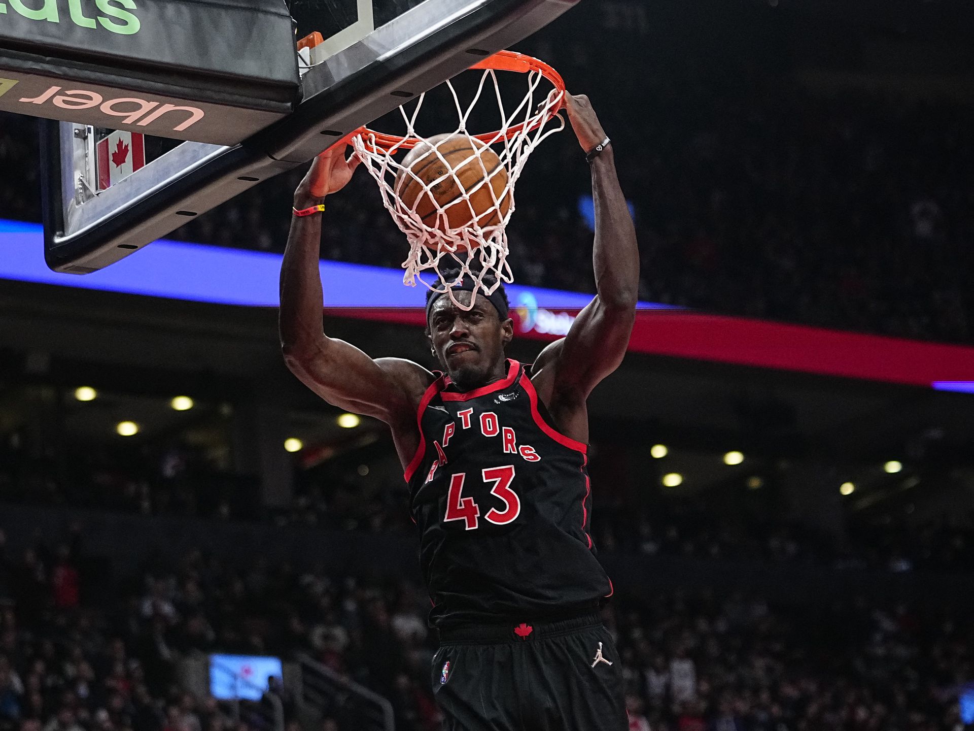 Toronto Raptors forward Pascal Siakam (43) dunks the ball against the Boston Celtics during the first half at Scotiabank Arena in Toronto, Ontario on March 28, 2022.