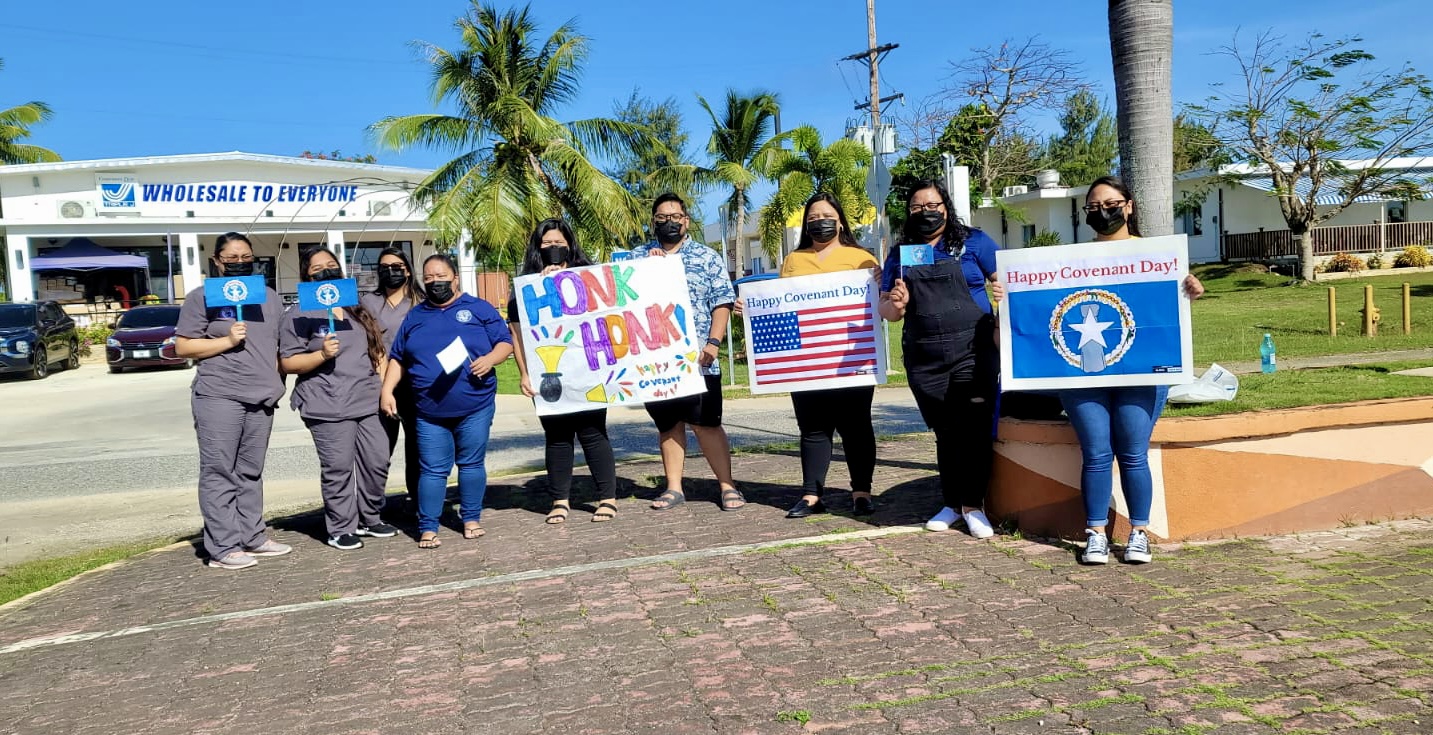 Tinian’s Head Start and PSS Mental Health Program personnel join the Tinian Junior-Senior High School roadside waving activity.
