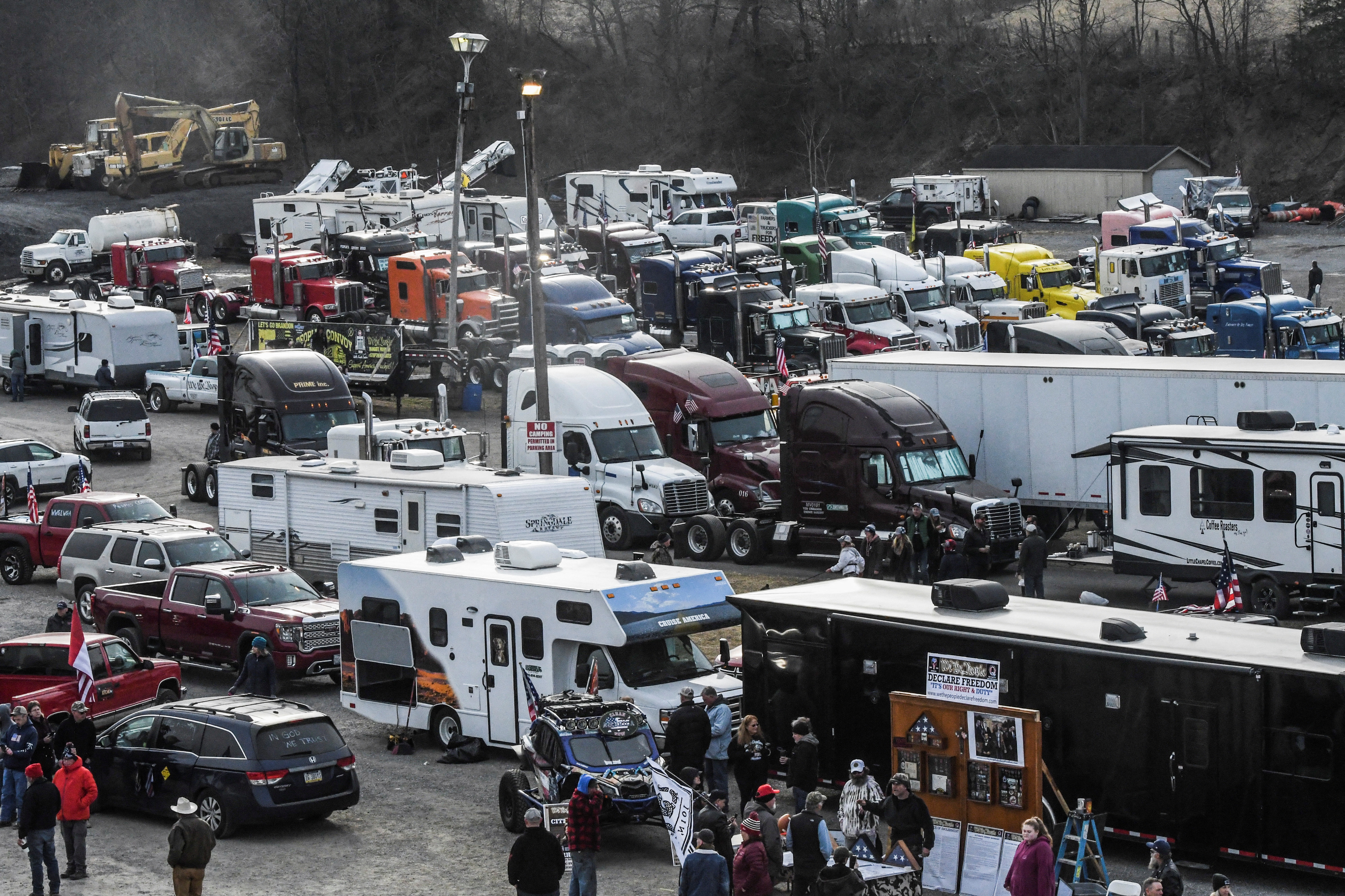 Vehicles are parked as part of a convoy that traveled across the country to protest coronavirus disease related mandates and other issues, in Hagerstown, Maryland, March 5, 2022.