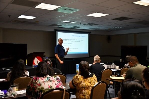 Retired police detective Tom Tremblay presents at a training on trauma informed services for CNMI law enforcement, advocates, and first responders. 