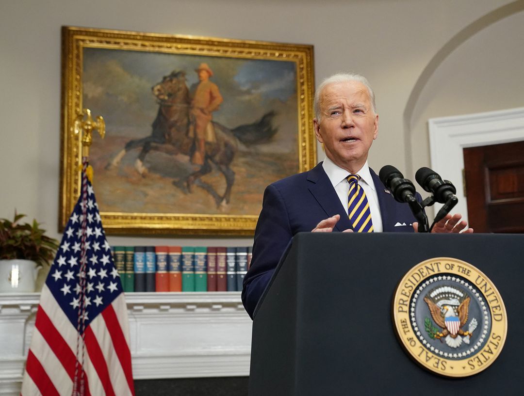 President Joe Biden announces actions against Russia for its war in Ukraine, during remarks in the Roosevelt Room at the White House in Washington, D.C., March 8, 2022.
