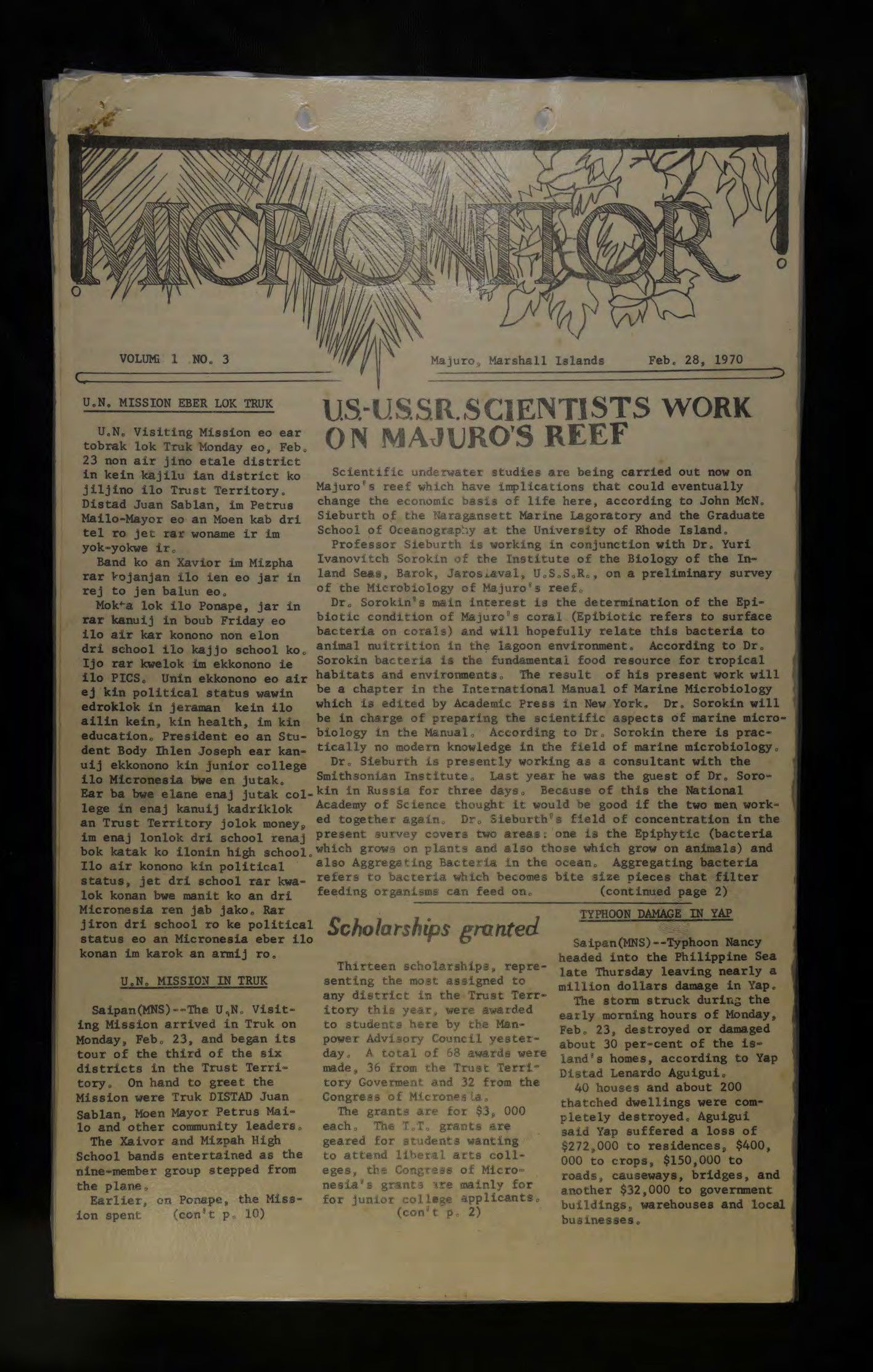 One of the first editions of the Majuro newspaper in 1970, then known as Micronitor.