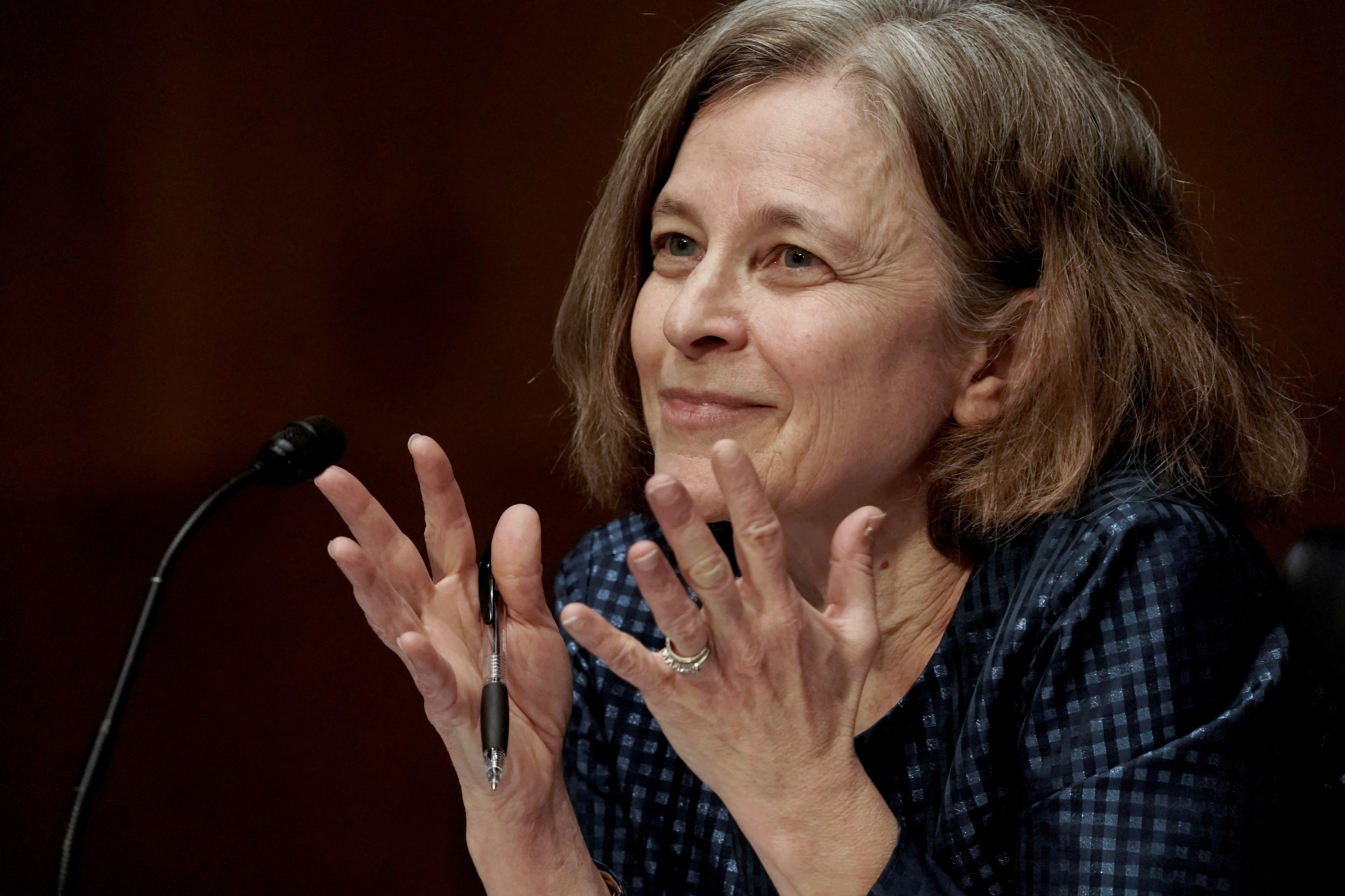 Sarah Bloom Raskin, nominated to be vice chair for supervision and a member of the Federal Reserve Board of Governors, gestures during a Senate Banking, Housing and Urban Affairs Committee confirmation hearing on Capitol Hill in Washington, D.C., Feb. 3, 2022.