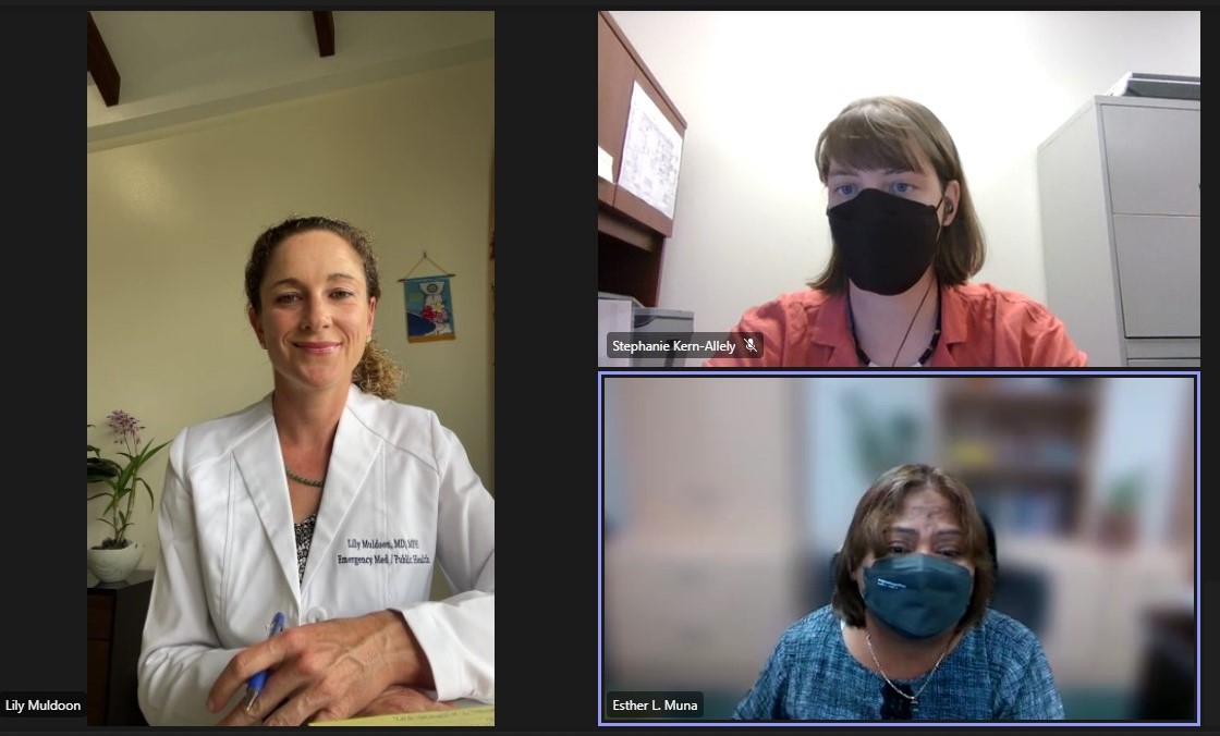 Clockwise from left, Dr. Lily Muldoon, Commonwealth Healthcare Corp. emergency medicine physician and public health director; regional communicable disease epidemiologist Stephanie Kern-Allely of the Pacific Islands Health Officers Association; and CHCC Chief Executive Officer Esther L. Muna provide updates during a virtual media briefing on Wednesday.