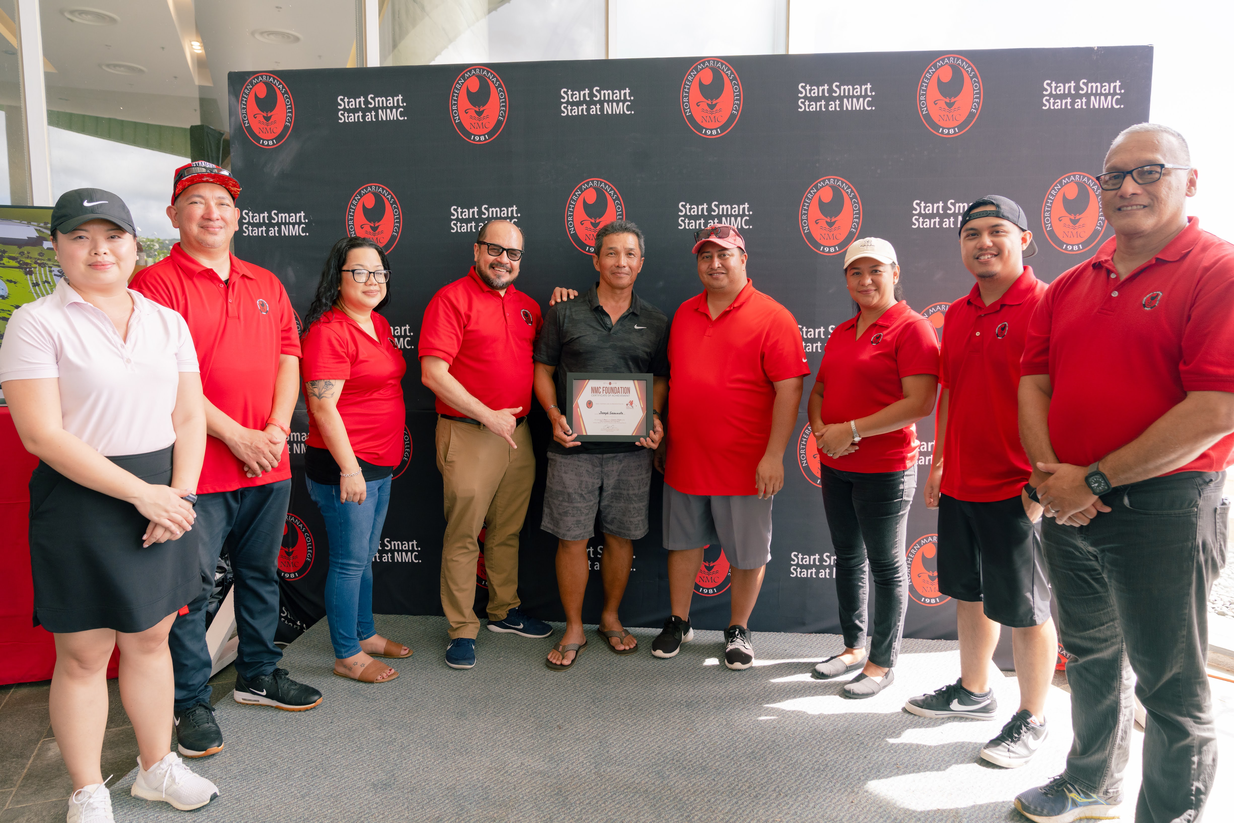 Northern Marianas College Regents Michelle Lin Sablan, Jesse Tudela, Zenie Mafnas with NMC President Galvin Deleon Guerrero, Seniors Flight winner Joseph Sasamoto, Gov. Ralph DLG Torres, NMC Regent Irene Torres, NMC Foundation Board Member Roman Tudela and NMC Board Chair Charles Cepeda pose for a photo during the awards ceremony of the NMC Golf Open 2022 on Saturday at Laolao Bay Golf & Resort.