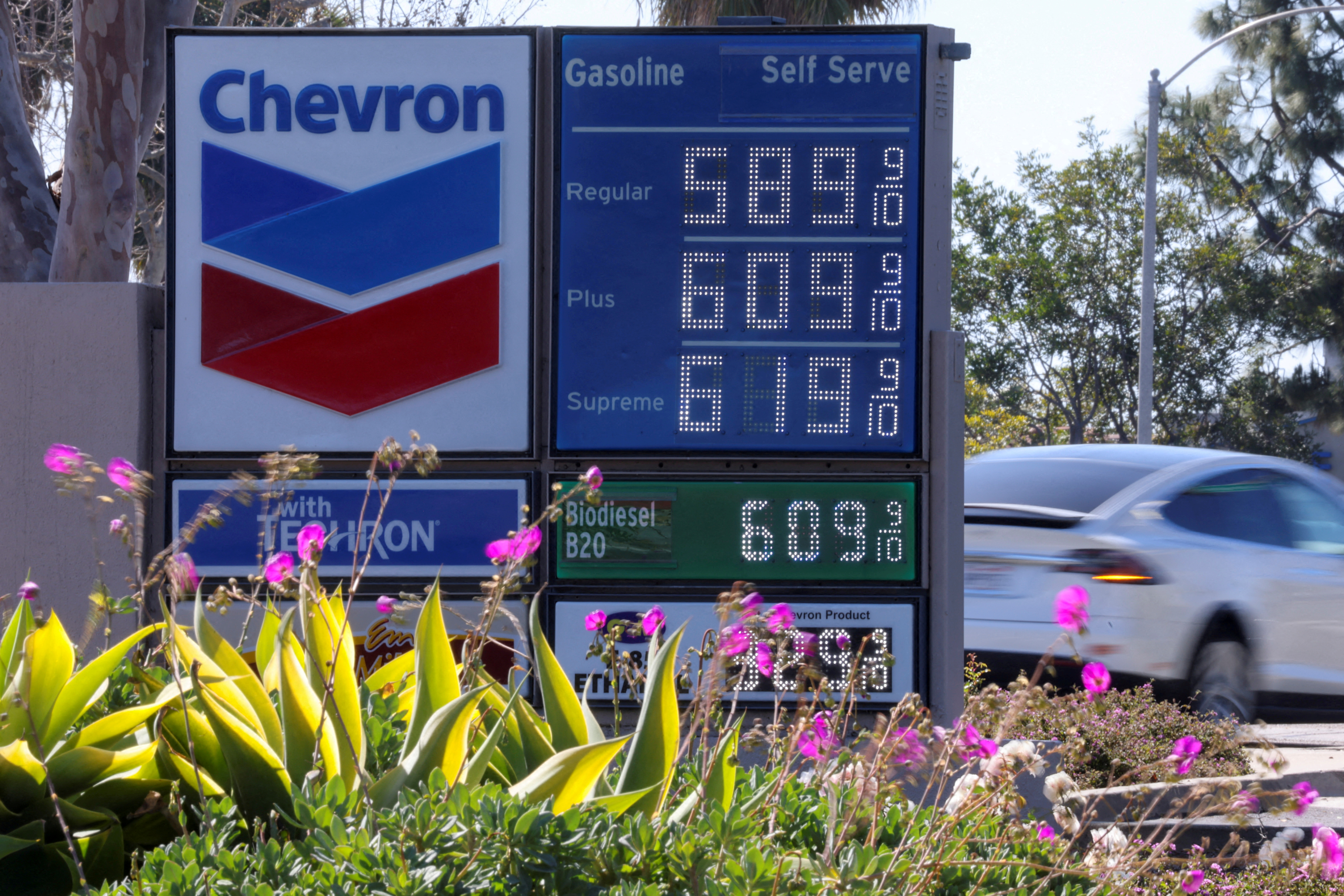 Current gas prices are shown as they continue to rise in Carlsbad, California, March 7, 2022.