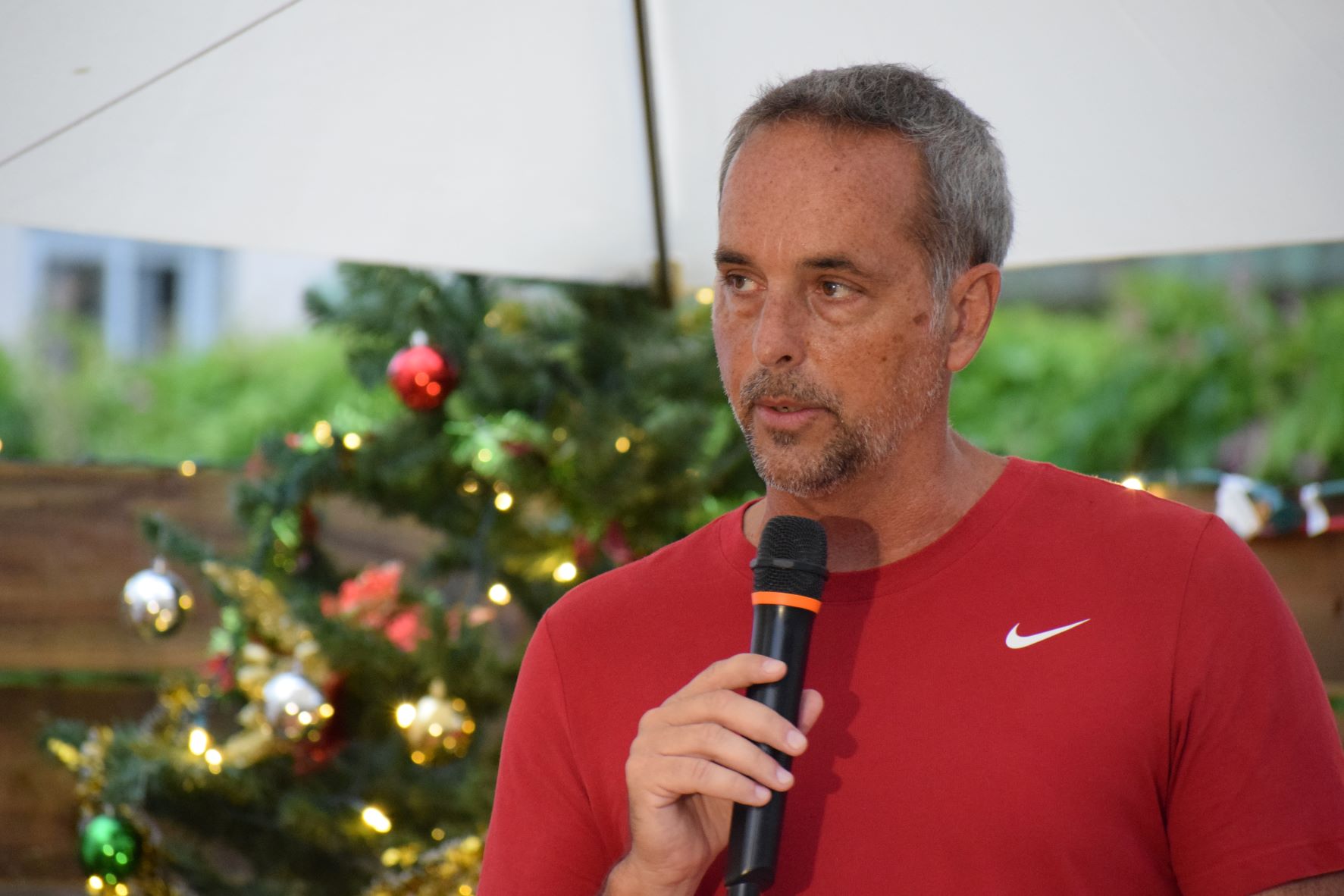 Pacific Rim President Keith Stewart speaks during the announcement of the “Christmas Surprise on Saipan” winners in December 2020 in Chalan Kanoa.