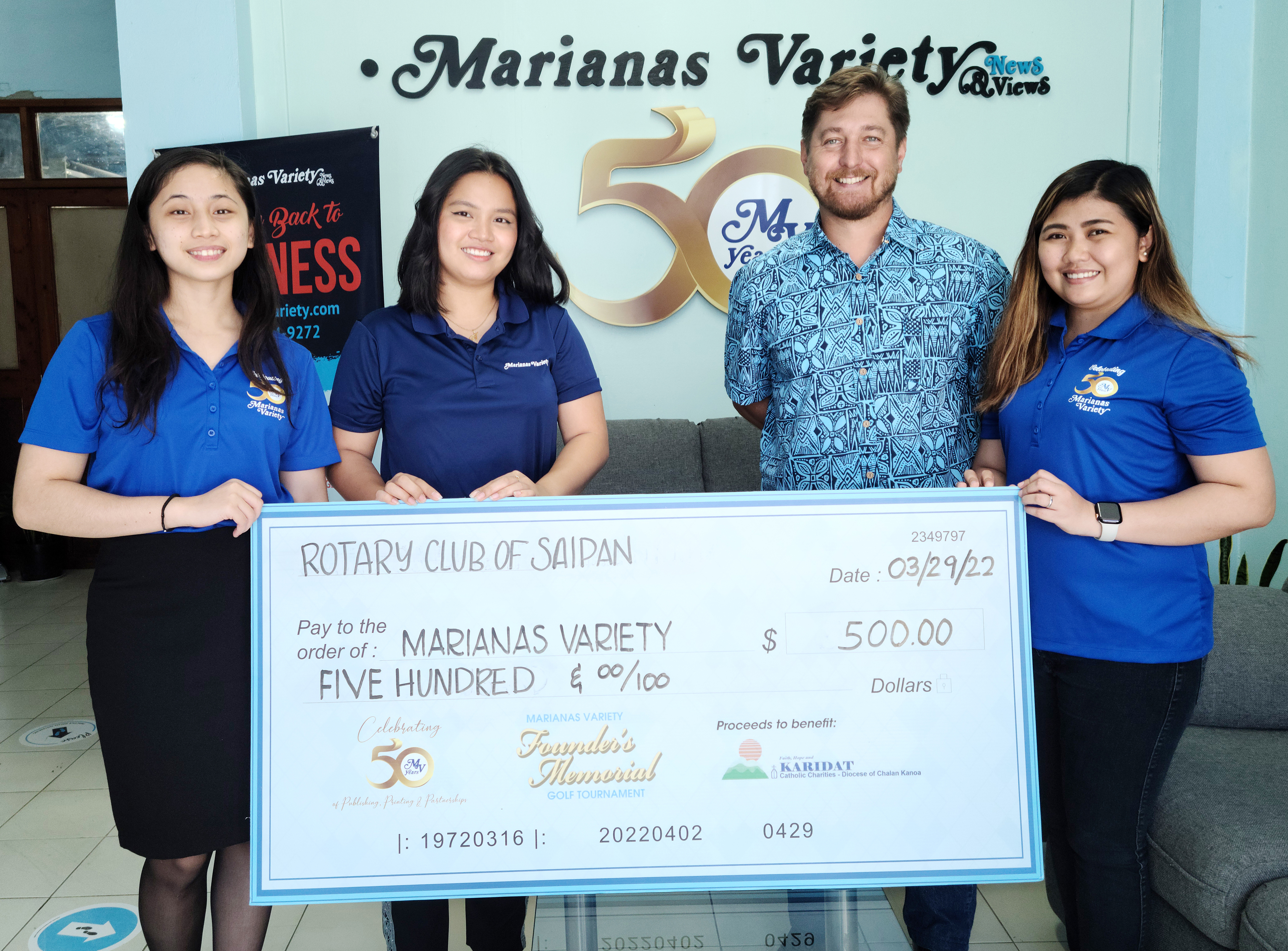 Rotary Club of Saipan President Ivan Ilmov, second right, poses with Marianas Variety sales representatives Monique Mascarinas, Hazel Sadian, Gwendolyn Sandig during presentation of the club’s prize donation for the Marianas Variety Founder's Memorial Golf Tournament set for Saturday, April 2 at 6 a.m., LaoLao Bay Golf & Resort, West Course. The event aims to raise funds for the charitable organization Karidat.