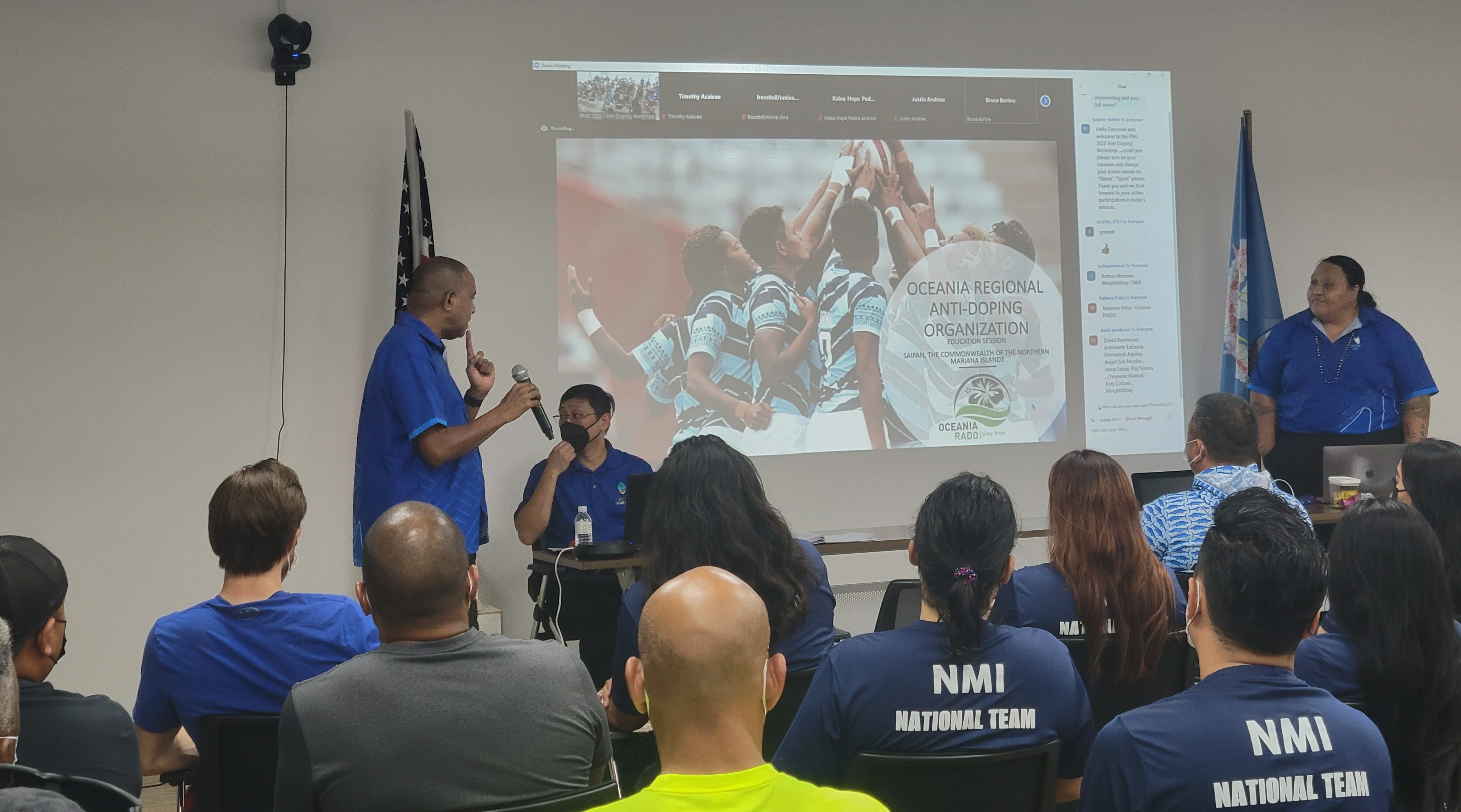 Oceania National Olympic Committees executive director and chief communications officer Inoke Bainimarama, standing left, introduces the presenters at the anti-doping workshop, which Team NMI attended last week in the NMSA conference room.