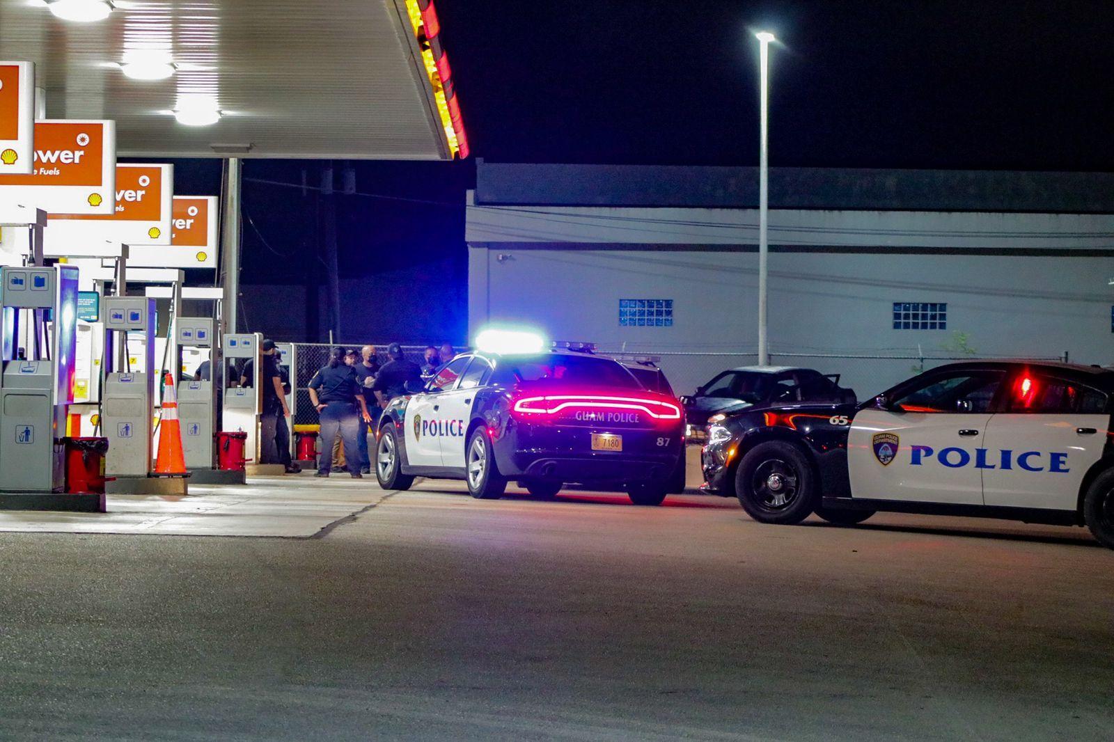 Police investigate a slingshot threat and subsequent shooting at the Shell gas station on Marine Corps Drive near Ysengsong Road in Dededo Wednesday night. An investigation led by the Guam Office of the Attorney General has begun.