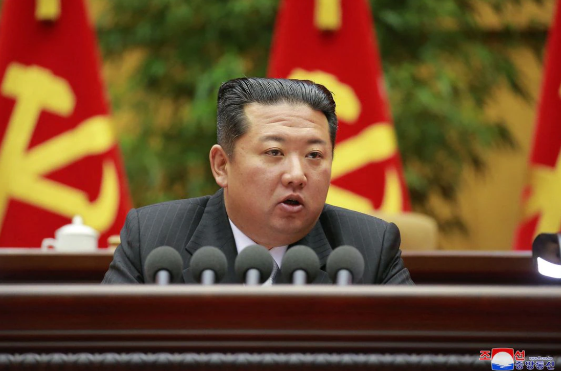 North Korean leader Kim Jong Un delivers opening remarks during the 2nd Conference of Secretaries of Primary Committees of the Workers' Party of Korea in this photo released on Feb. 27, 2022 by North Korea's Korean Central News Agency.