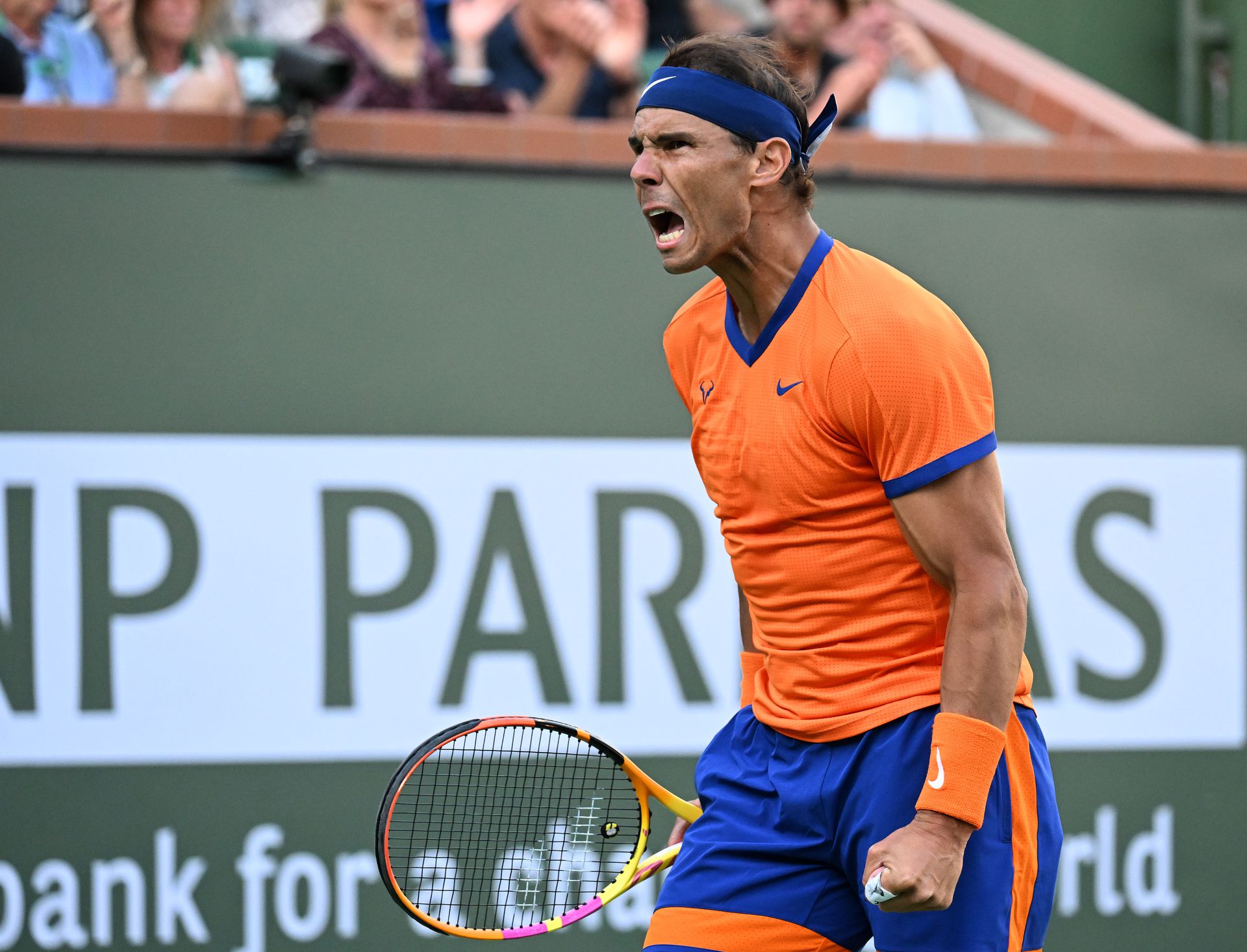Rafael Nadal celebrates after winning a point in his quarterfinal match as he defeated Nick Kyrgios at the BNP Paribas Open at the Indian Wells Tennis Garden in Indian Wells, California on March 17, 2022.