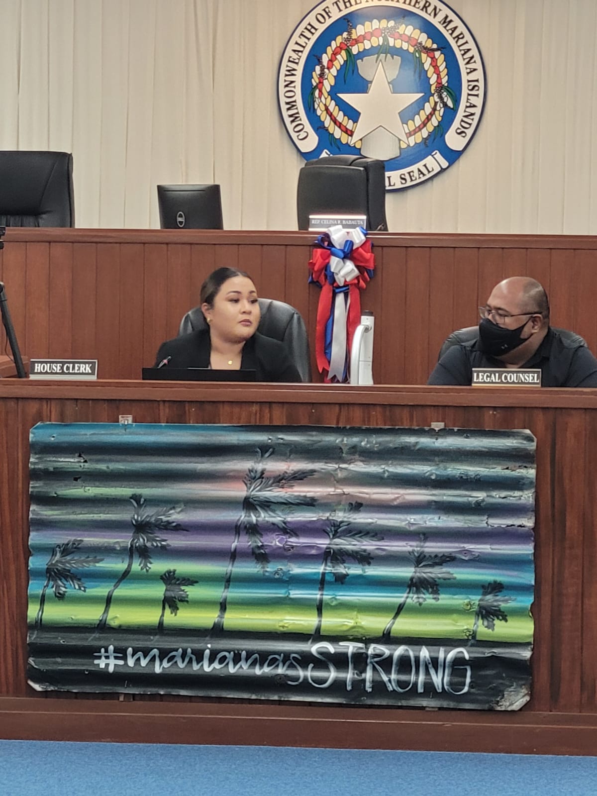 CNMI Cannabis Commission Managing Director Monique Sablan, left, speaks, as House legal counsel Joe Taijeron looks on during a meeting with the House Cannabis Committee on Tuesday.