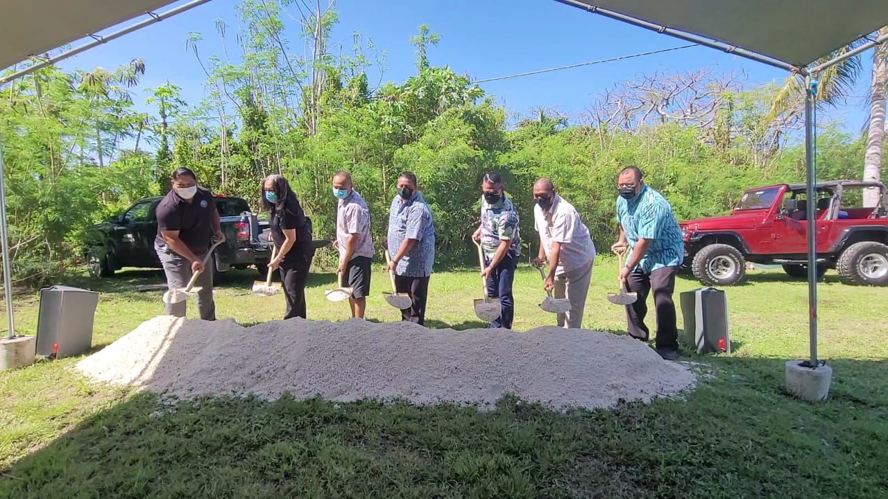 From left, Department of Lands and Natural Resources Secretary Anthony Benavente, Northern Marianas Housing Corporation board of directors chair Marcie Tomokane, Joaquin P. Cepeda, Gov. Ralph DLG Torres, Senate Floor :eader Vinnie F. Sablan, Department of Public Works Secretary James Ada, and House Speaker Edmund S. Villagomez break ground on Monday at the site of the first home to be constructed through the CNMI Community Development Block Grant Disaster program.
