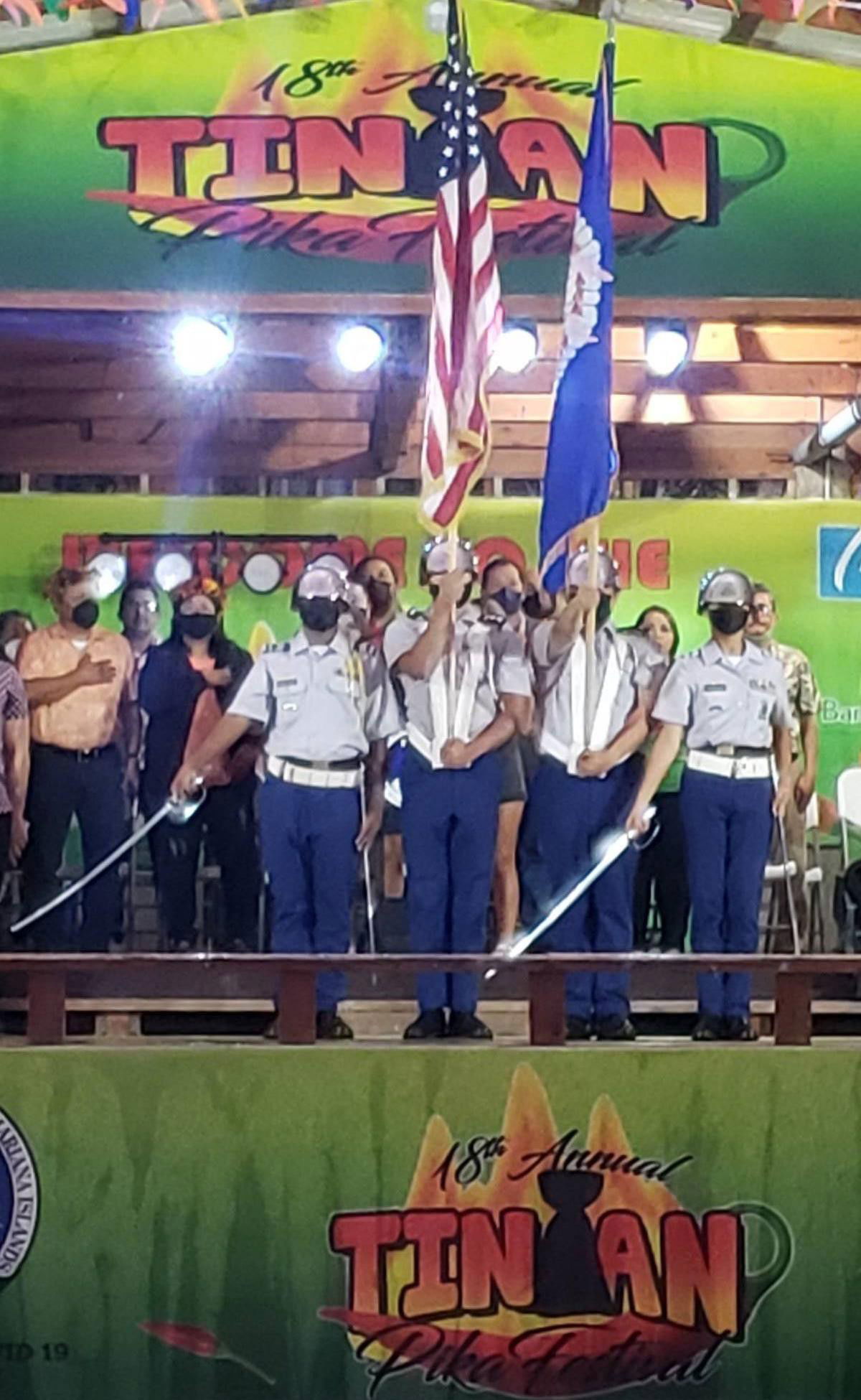 Tinian High School JROTC cadets post colors at the 18th  Annual Tinian Hot Pepper Festival opening ceremony on March 11, 2022, in San Jose, Tinian.