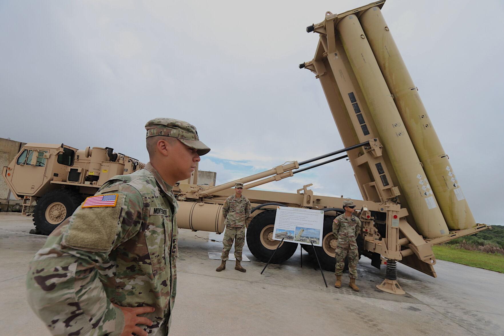 A Terminal High-Altitude Area Defense Battery is seen on a missile launch pad at Andersen Air Force Base in November 2021. A remote THAAD launcher is being deployed from Guam to Rota to expand the missile defense reach in this region.