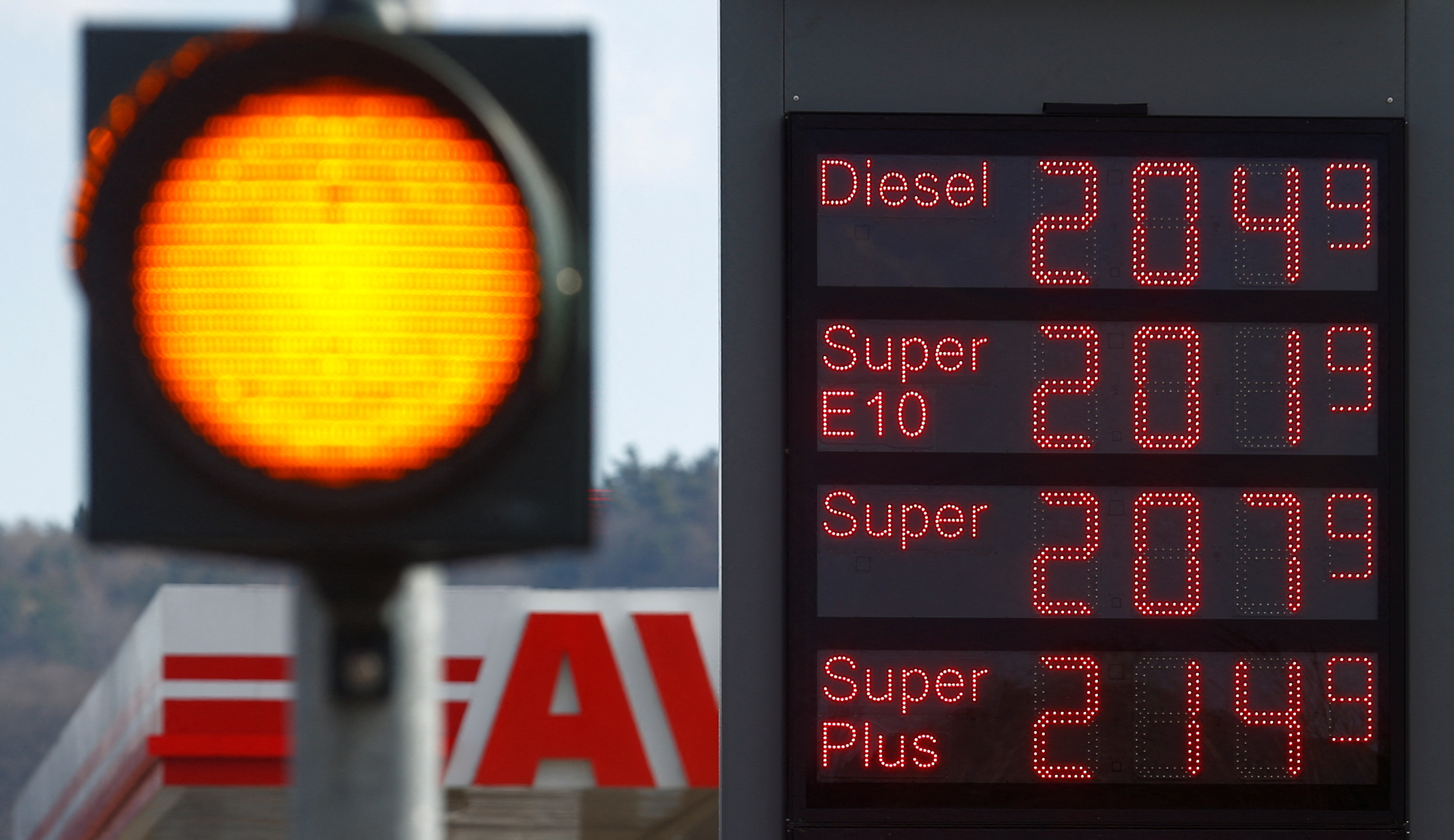 A display shows fuel prices per liter at a gas station in Ebersburg near Fulda, Germany, March 7, 2022.