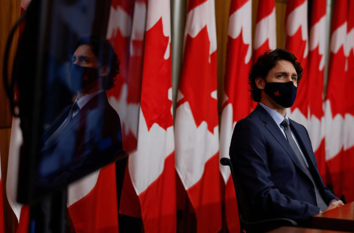 Canada's Prime Minister Justin Trudeau, wearing a protective face mask, attends a news conference in Ottawa, Ontario, Canada on March 5, 2021.
