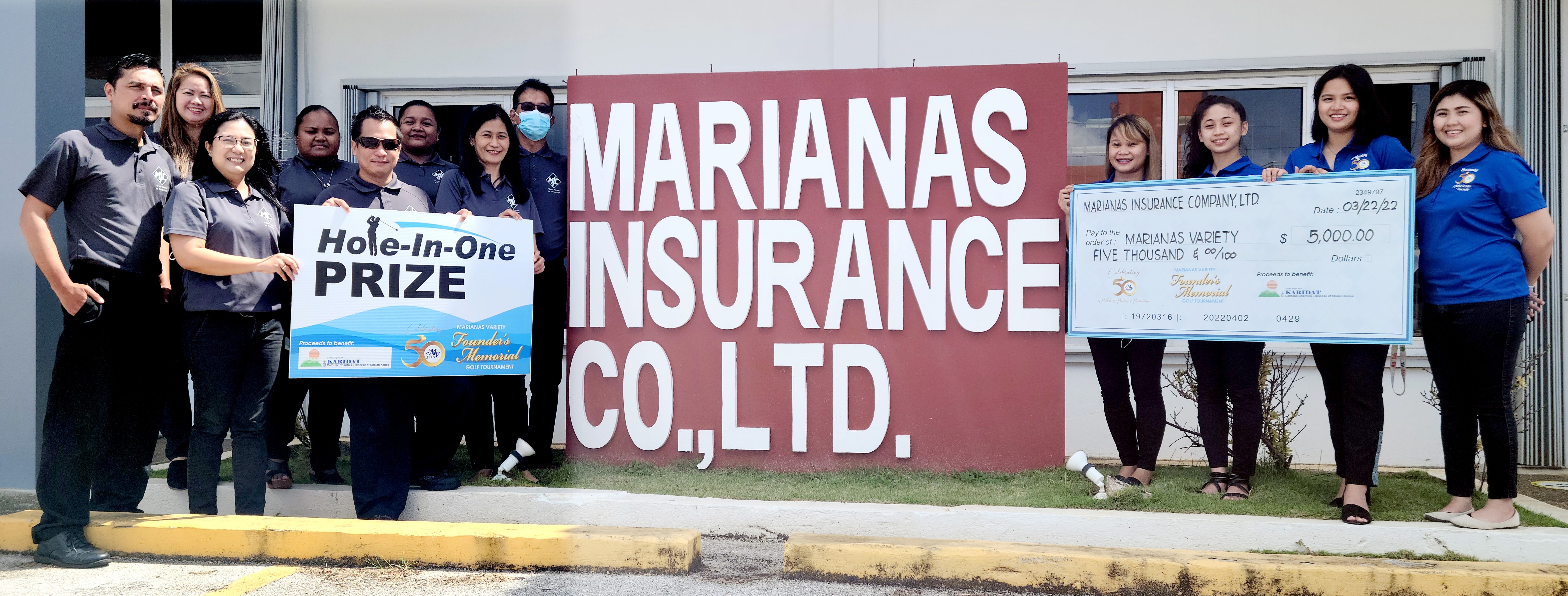 From left, Marianas Insurance Co. Ltd.'s John Seman, Donna Paleracio, Krispy Aquino, Gwen Ngiraiois, Augustine Hernandez, Gina Nabetinan, Joyce Bautista, and  Fred Benitez pose for a photo with Marianas Variety sales representatives Diane Lumapas, Monique Mascarinas, Hazel Sadian and Gwendolyn Sandig during the presentation of MICO’s hole-in-one prize donation for the MV Founder's Memorial Golf Tournament set for Saturday, April 2 at 6 a.m., LaoLao Bay Golf & Resort, West Course. The event aims to raise funds for the charitable organization Karidat.