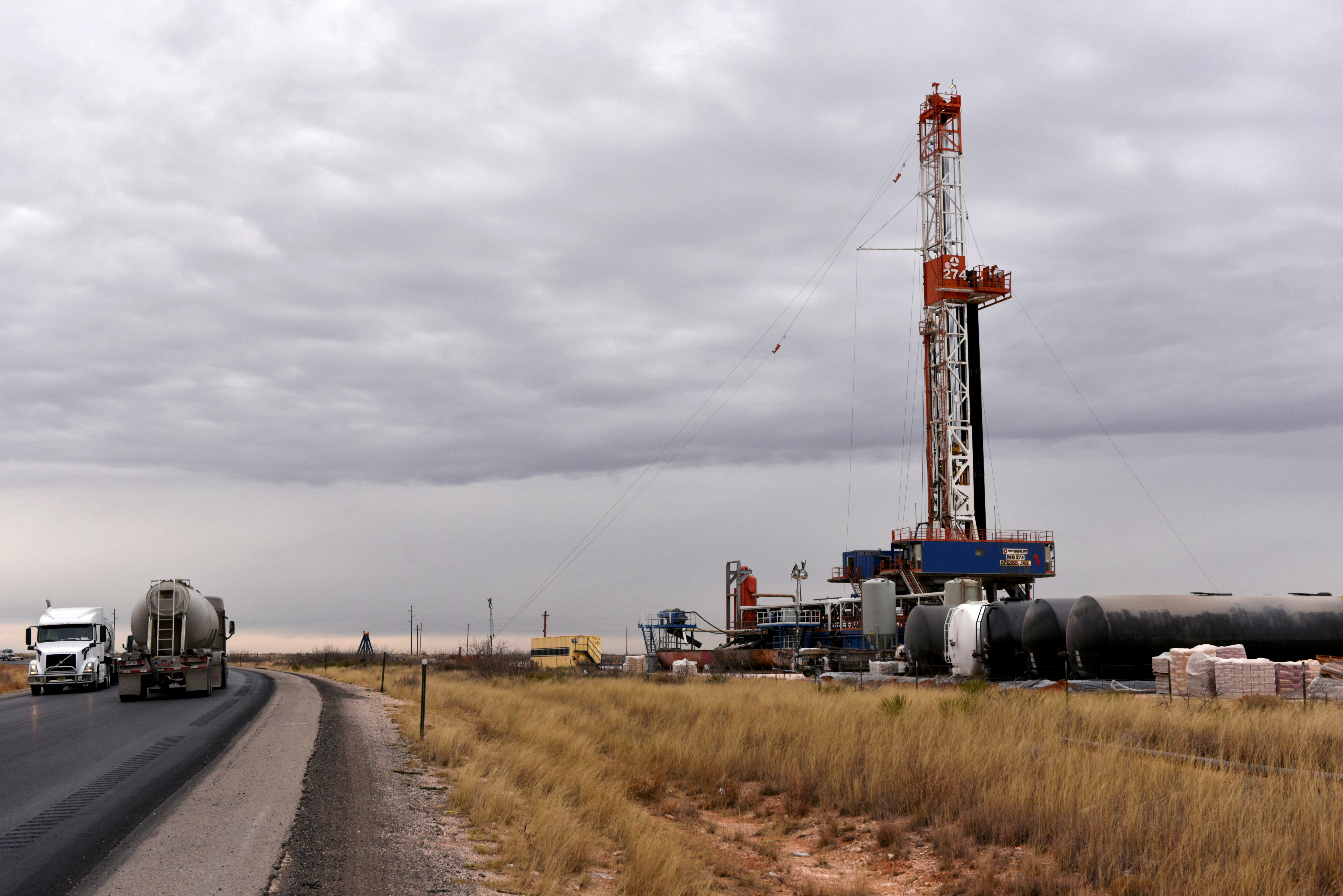 A drilling rig operates in the Permian Basin oil and natural gas production area in Lea County, New Mexico on Feb. 10, 2019.