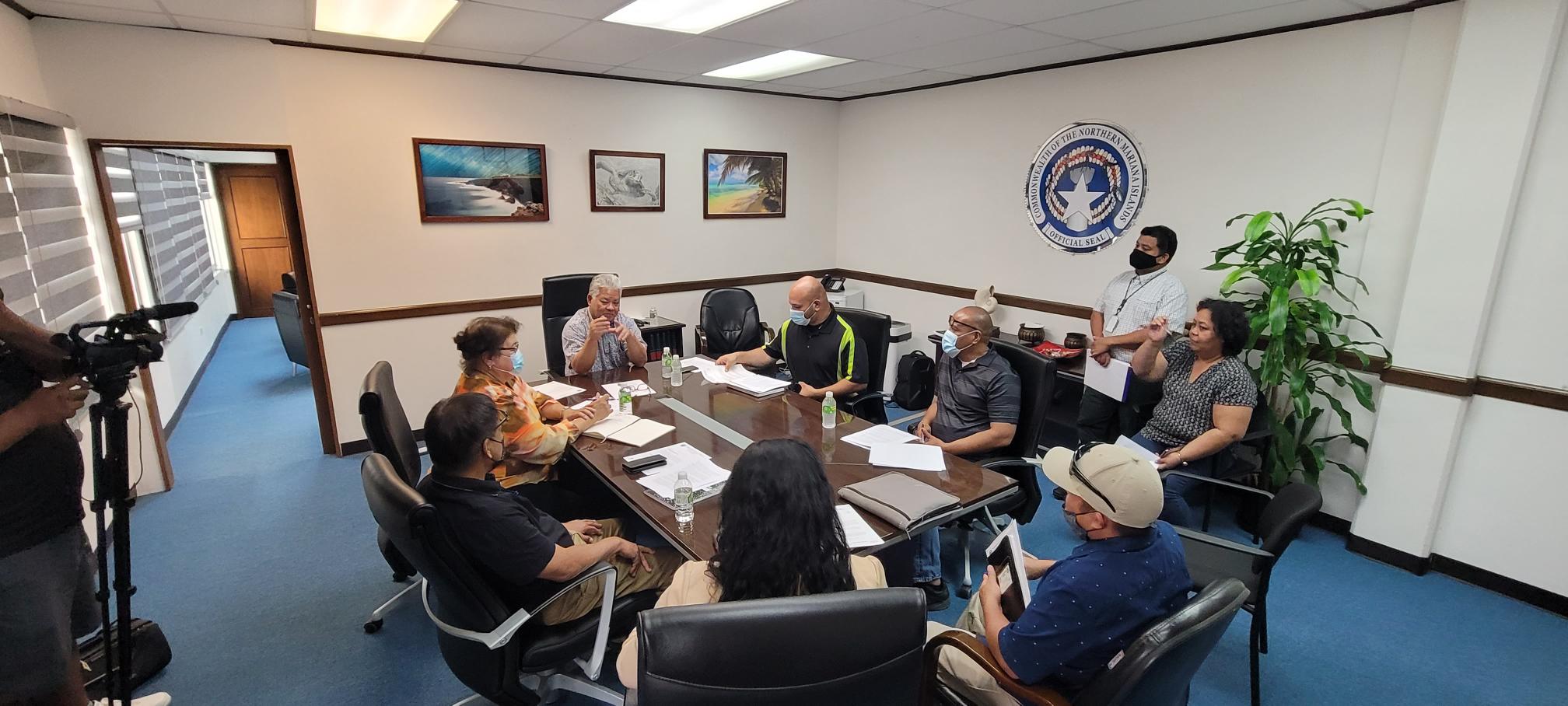 Lt. Gov. Arnold I. Palacios presides over a meeting of the Highway Task Force in his office conference room on Capital Hill.