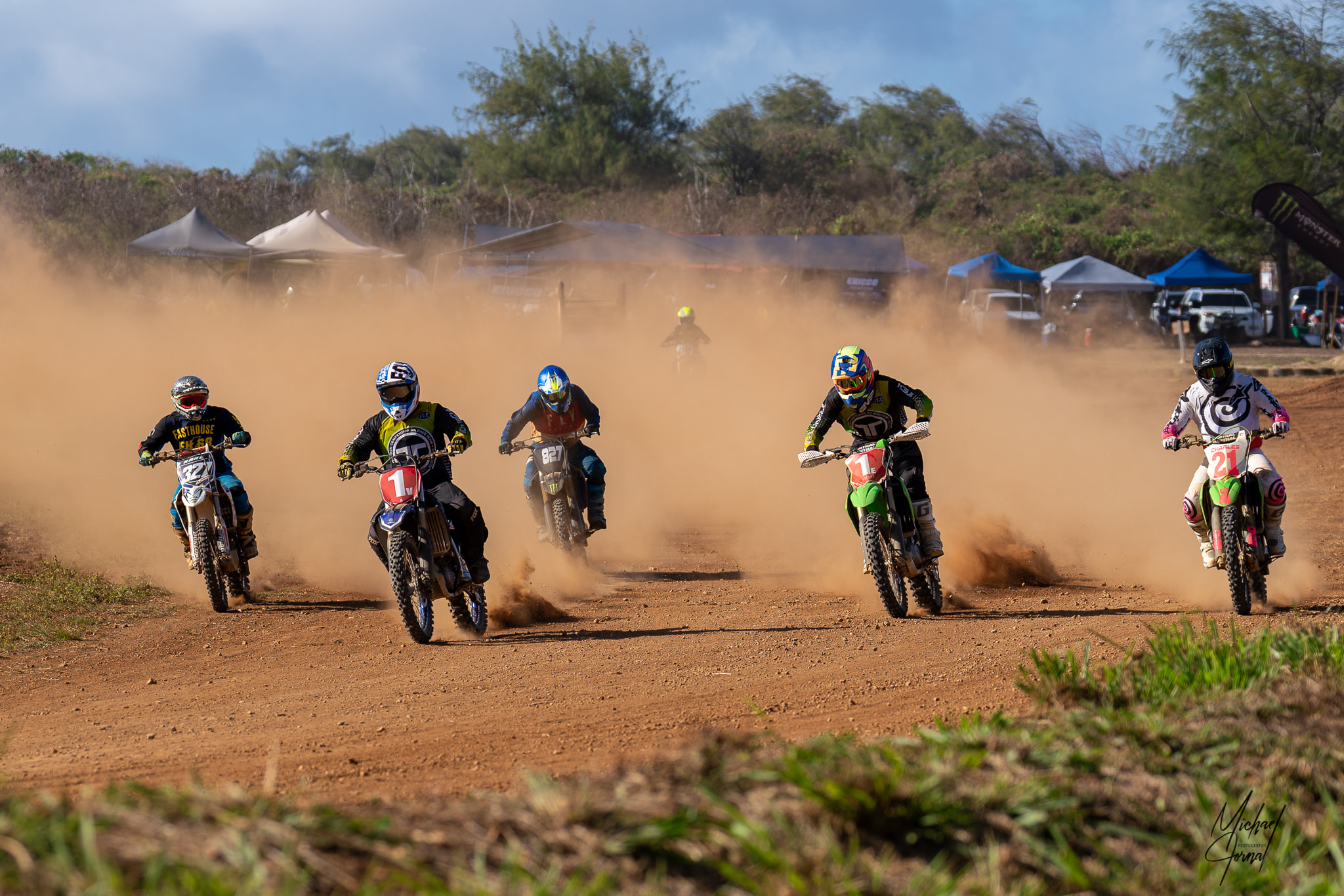 The riders of the Veterans class take off during round 2 of the Marianas Racing Association  Points Race Series Sunday at  Cowtown Raceway Park.