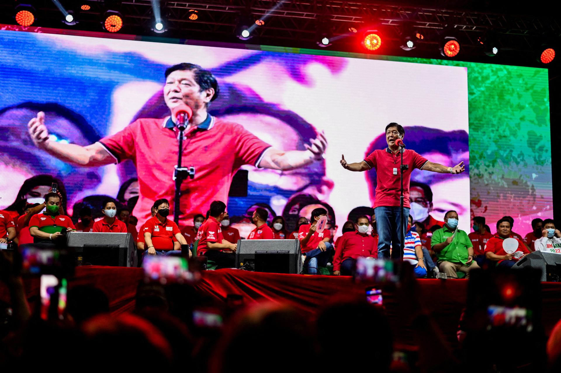 Philippine presidential candidate Ferdinand Marcos Jr. gestures as he speaks during a campaign rally in Quezon City, Metro Manila on Feb. 14, 2022.
