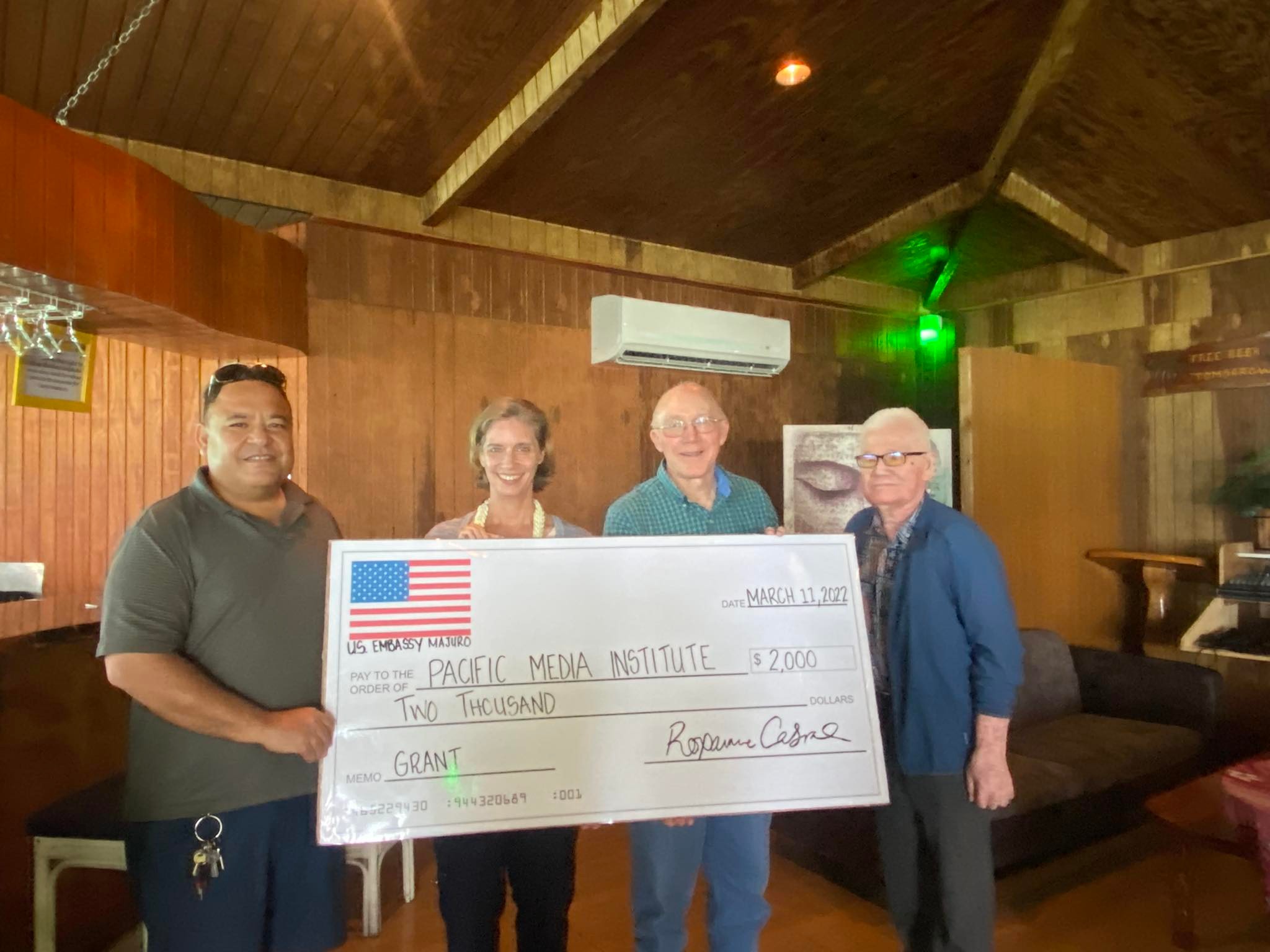 U.S. Ambassador to the Marshall Islands Roxanne Cabral provided a seed funding grant to the newly established Pacific Media Institute in Majuro. With her from left: Daniel Kramer, Giff Johnson and Fred Pedro.