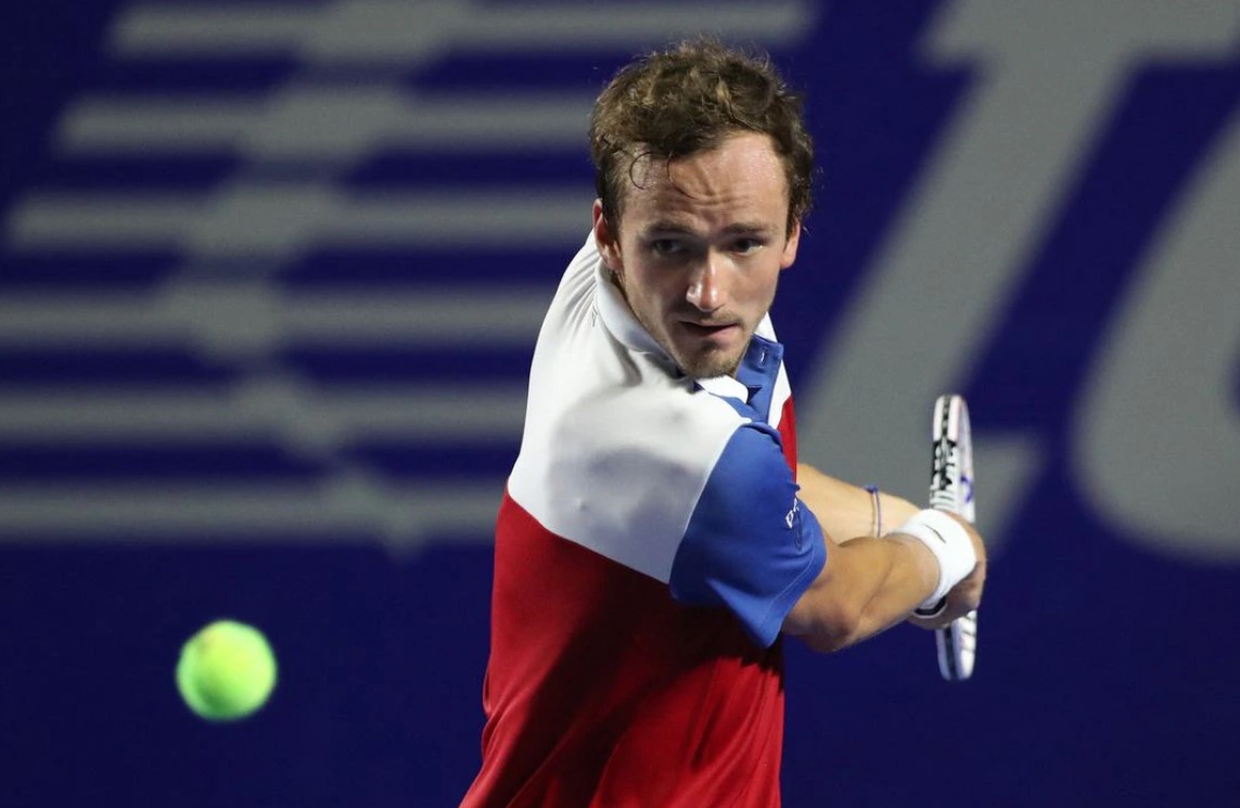 Russia's Daniil Medvedev in action during his semifinal match against Spain's Rafael Nadal in Acapulco, Mexico on Feb. 25, 2022.