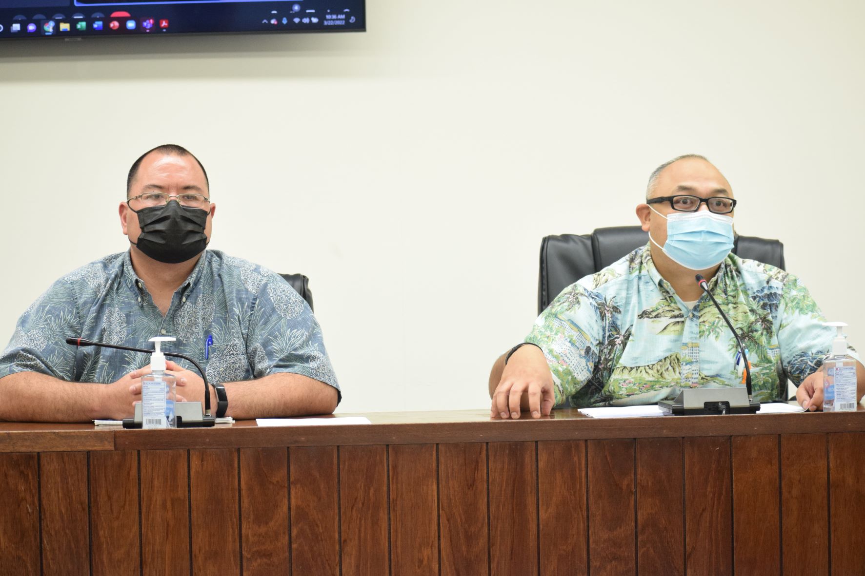 Speaker Edmund S. Villagomez and Vice Speaker Blas Jonathan Attao field questions from members of the media during a press conference in the House chamber on Tuesday. 