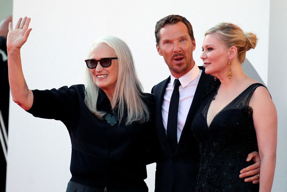Director Jane Campion with actors Benedict Cumberbatch and  Kirsten Dunst at the 78th Venice Film Festival for the screening of the film “The Power of the Dog” in Venice, Italy, Sept. 2, 2021.