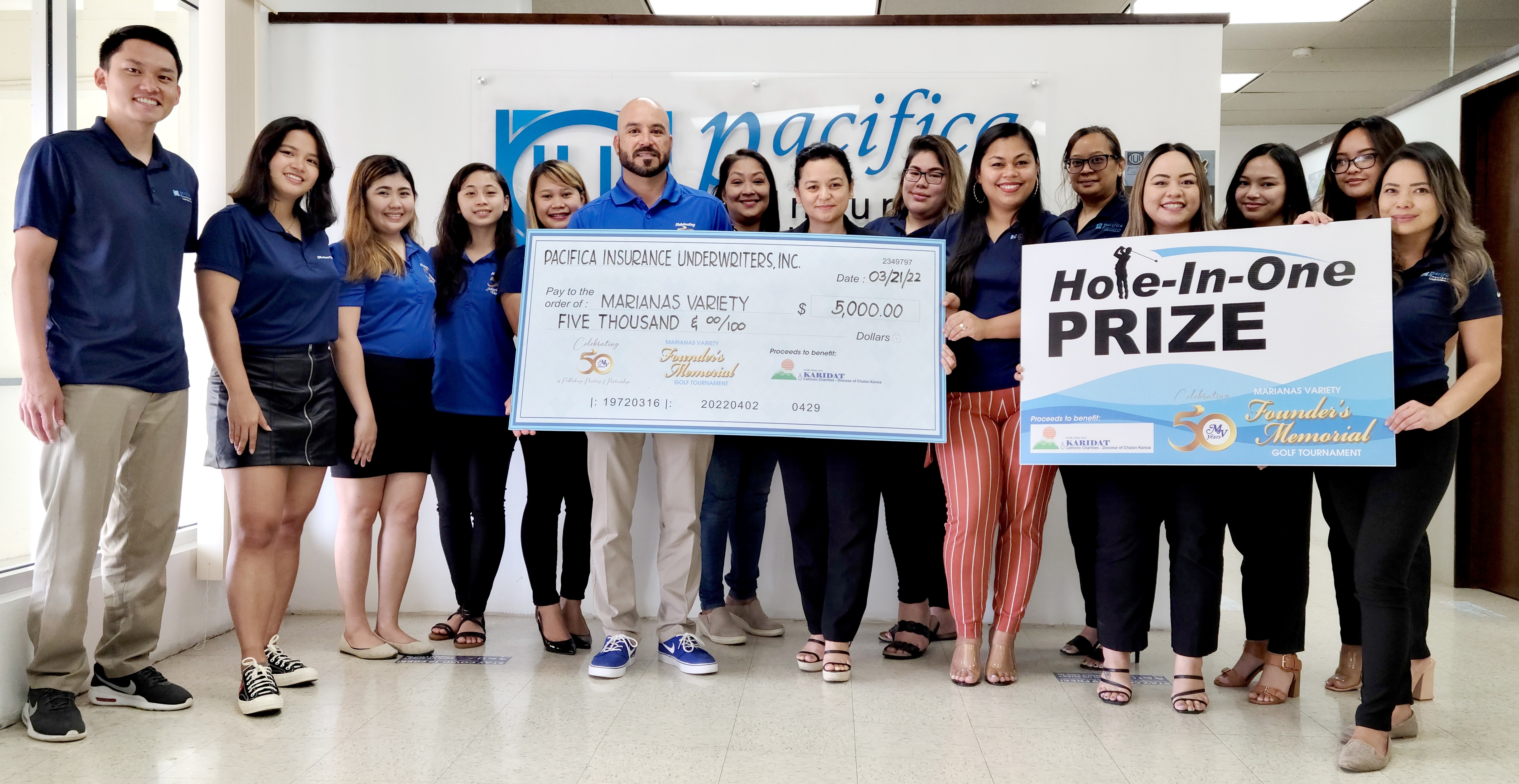 Pacifica Insurance's Shigeki Tenorio, Jane Madarang, President/Chief Operations Officer Shirley Sablan, staffers Jacky Teregeyo, Keomi Palacios, Jessica Sablan, broker department supervisor/marketing coordinator Dionne Camacho, staffers Nemerlyn Magat, Annaly Sebastian and Francine Palacios with Marianas Variety President Amier C. Younis, sixth left, and sales representatives, Hazel Sadian, Gwendolyn Sandig, Monique Mascarinas and Diane Lumapas  during the presentation of a prize donation for the Marianas Variety Founder's Memorial Golf Tournament set for Saturday, April 2 at 6 a.m., LaoLao Bay Golf & Resort, West Course. The event aims to raise funds for the charitable organization Karidat.