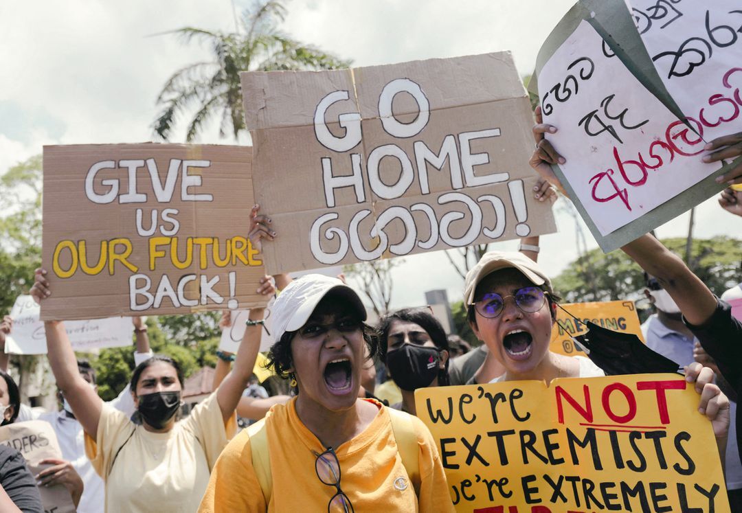 People shout slogans against Sri Lanka's President Gotabaya Rajapaksa and demand that Rajapaksa family politicians step down, during a protest amid the country's economic crisis, at Independence Square in Colombo, Sri Lanka, April 4, 2022.
