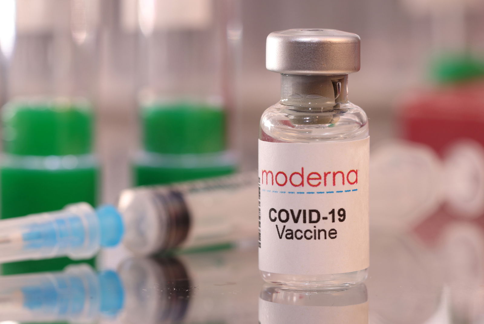 A vial labelled "Moderna Covid-19 Vaccine" is seen in this illustration taken on Jan. 16, 2022.