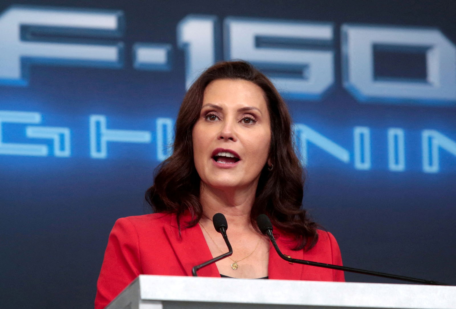 Michigan Gov. Gretchen Whitmer speaks at the Rouge Electric Vehicle Center in Dearborn, Michigan, Sept. 16, 2021.