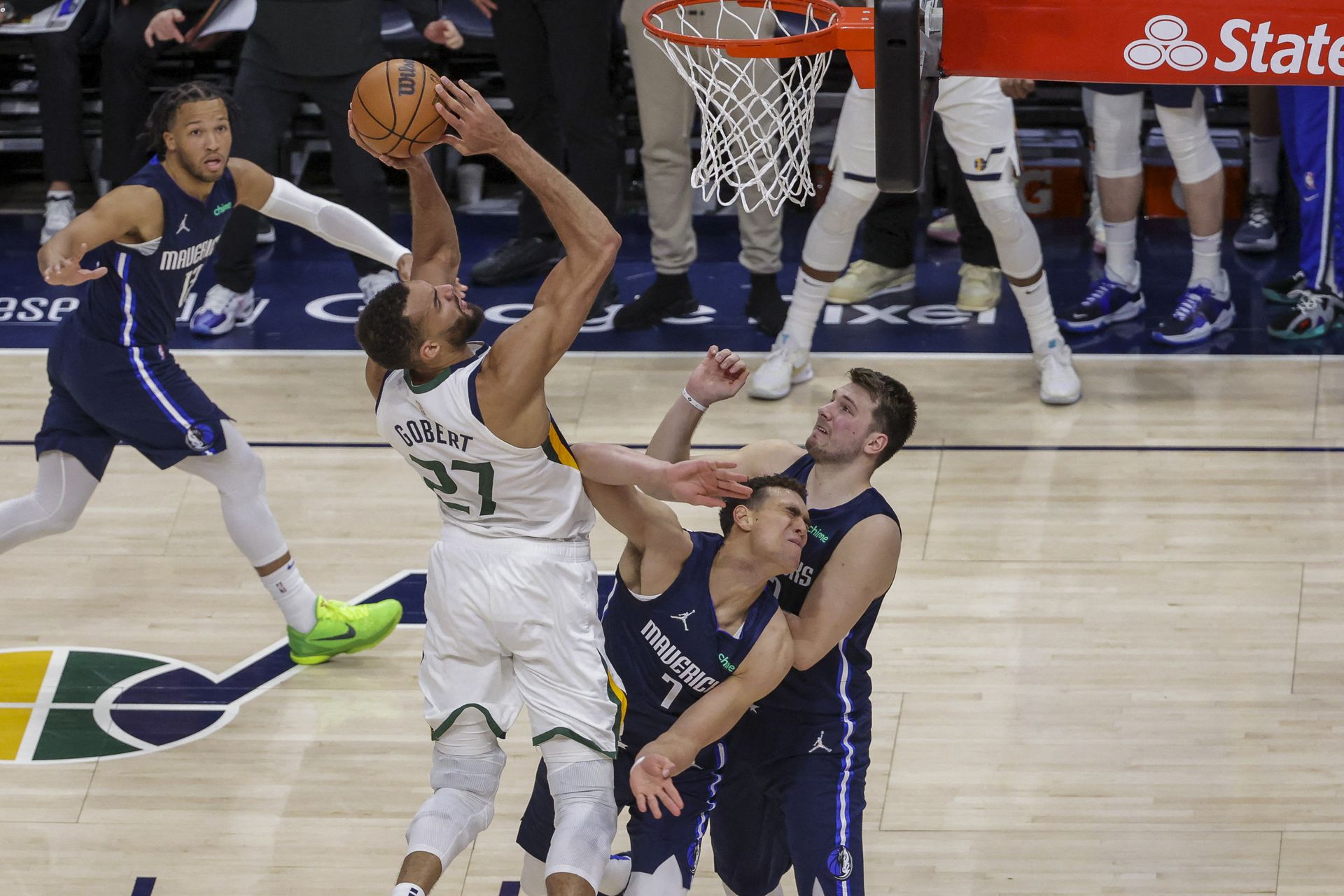 Utah Jazz center Rudy Gobert (27) shoots the ball over Dallas Mavericks center Dwight Powell (7) during the fourth quarter in game four of the NBA playoffs’ first round at Vivint Arena in Salt Lake City, Utah on April 23, 2022.